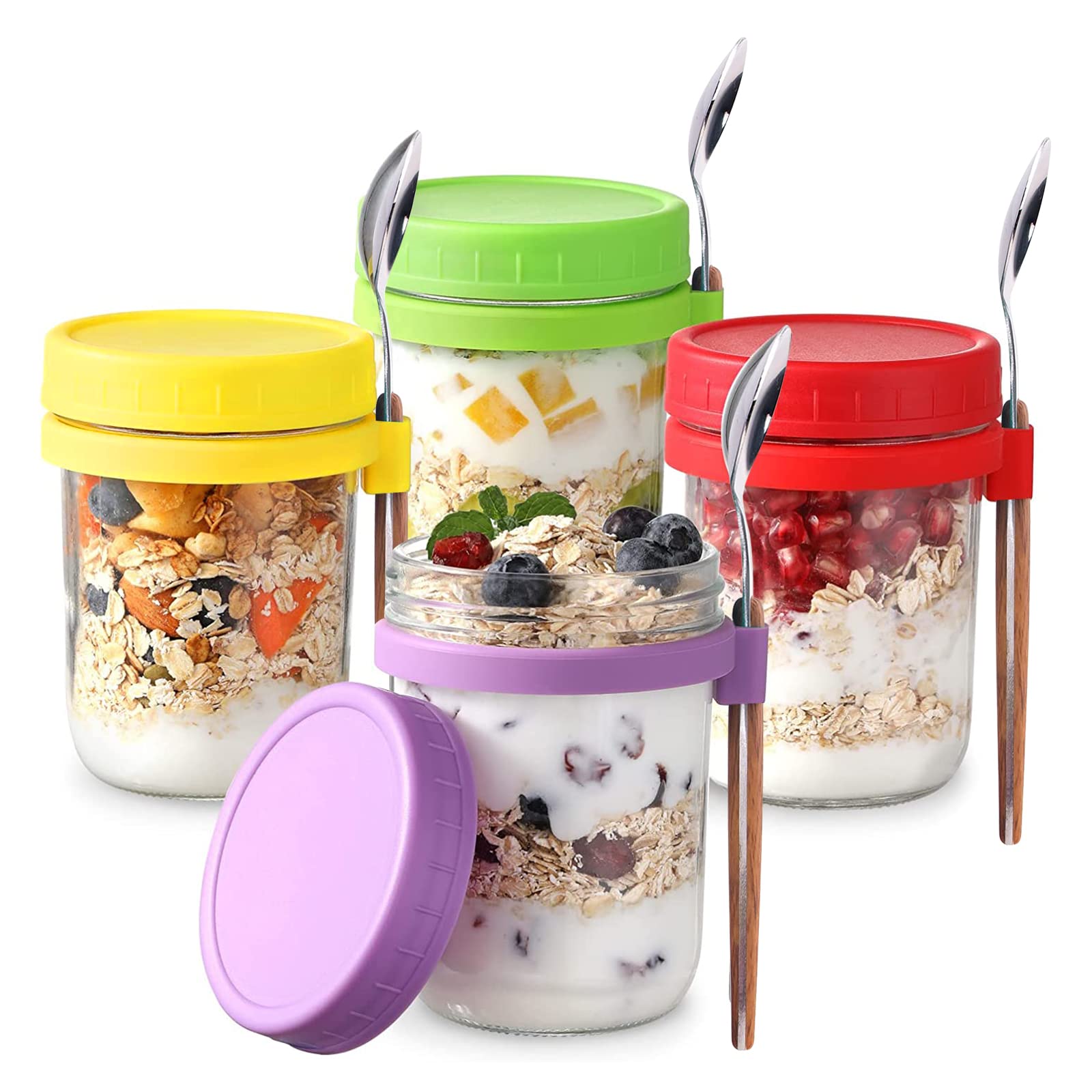 4Pcs 16 Oz Glass Mason Jars with Lids & Spoons - Airtight Wide Mouth Overnight Oats Containers for Meal Prep, Cereal, Yogurt, Fruit & Snacks Storage - Perfect for Breakfast, Office Lunch & Healthy Meal Planning