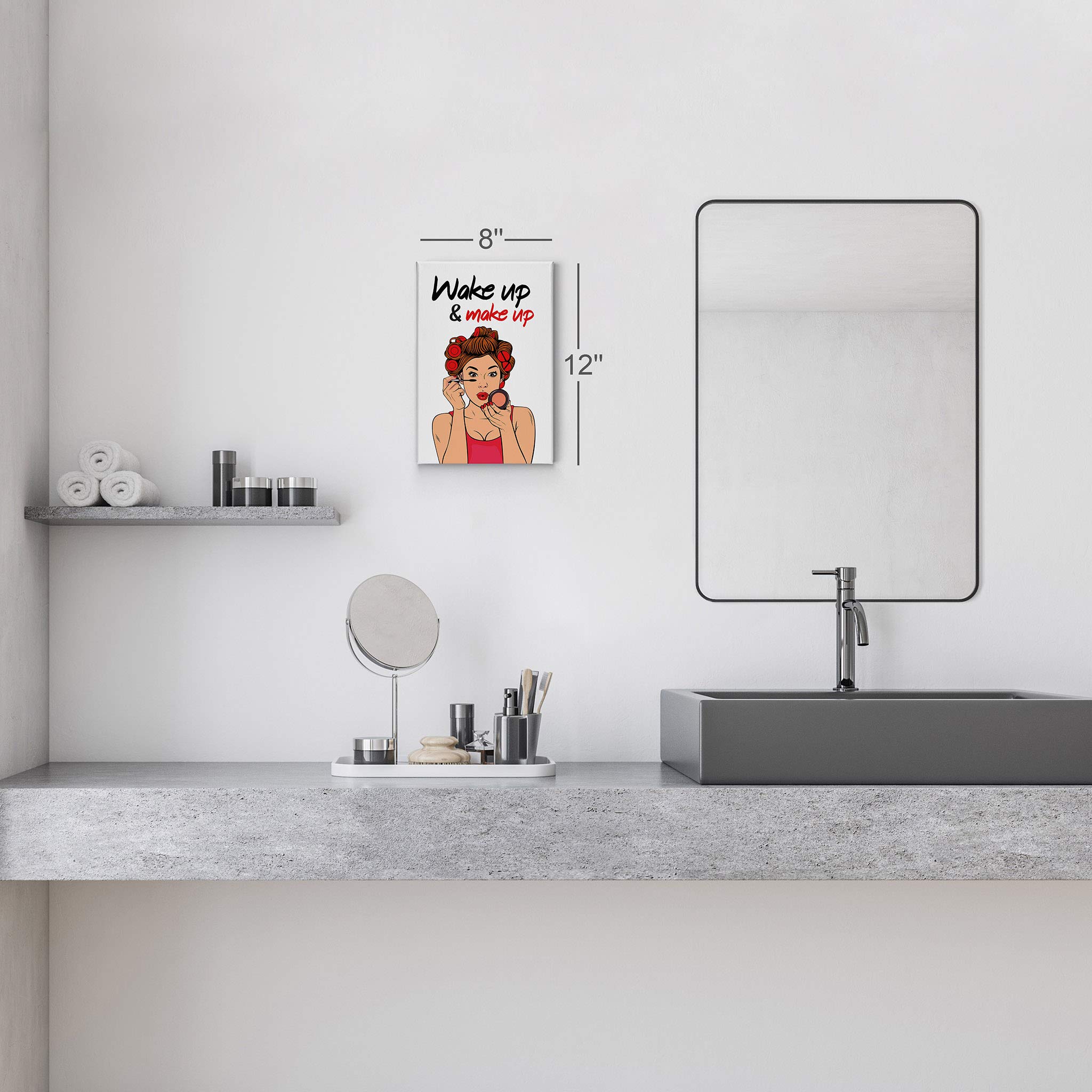 Smile Art Design Wake Up Make Up Canvas Print - Pretty Woman Bathroom Sign Wall Decor (40x30 Inches) | Ready to Hang Bathroom Wall Art, Home Decoration | Made in USA | Perfect for Powder Rooms, Guest Baths & Vanity Areas