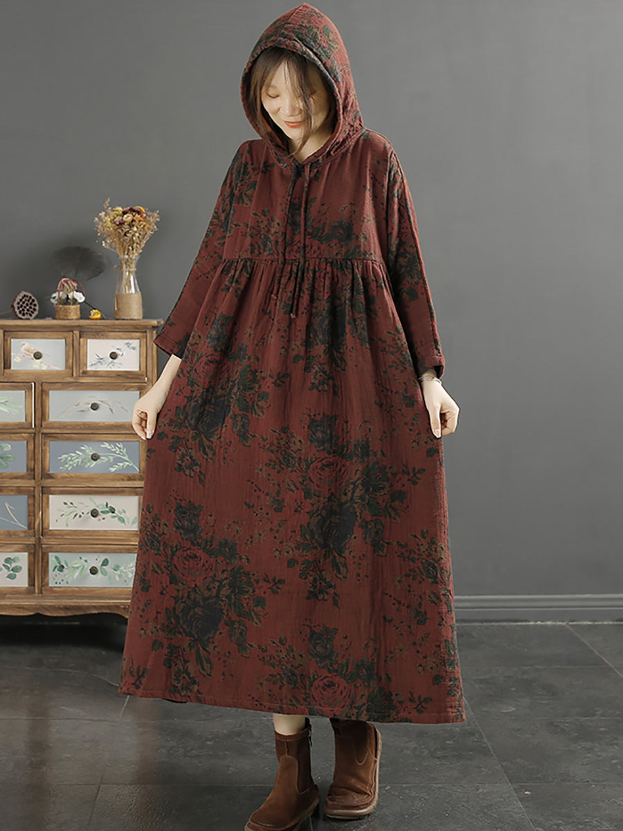 Plus Size Women's Retro Floral Print Shirred Loose Fit Hooded Dress - Casual Summer Outfit for Beach, Vacation & Street Style