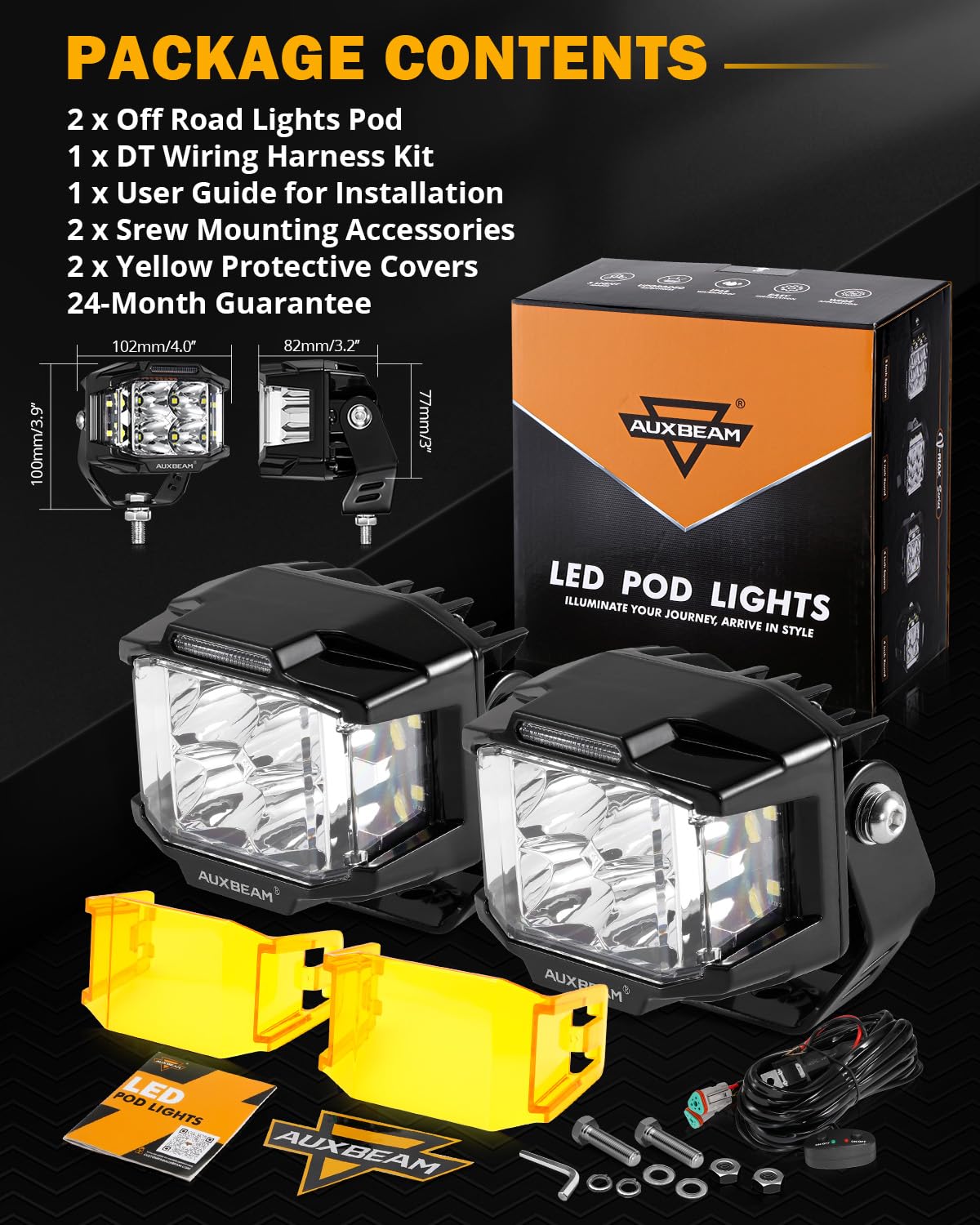 Auxbeam 4 Inch 92W LED Pod Lights - V-MAX Series Square Offroad Driving Lights with Amber DRL, 270° Spot Flood Combo Beam & Side Shooter - Yellow Cover for Truck, SUV, ATV, UTV - Perfect for Off-Roading, Night Driving & Work Lighting