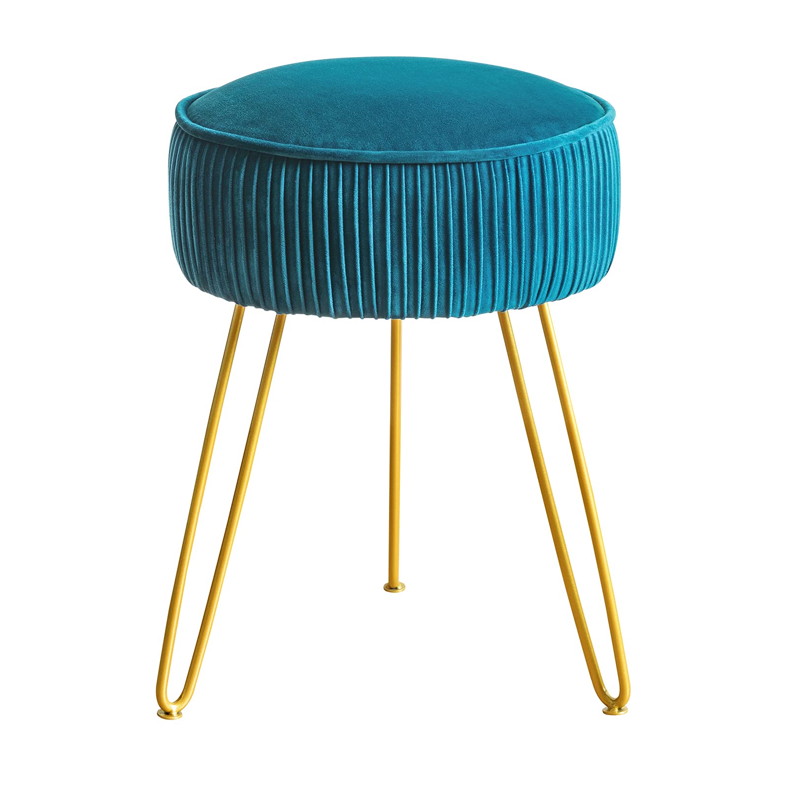 LUE BONA Velvet Upholstered Pleated Vanity Stool - Round Modern Makeup Stool with Metal Legs, Ottoman Footrest for Bedroom, Living Room & Dressing Room | Peacock Blue | Perfect for Vanity Tables, Makeup Rooms & Home Decor