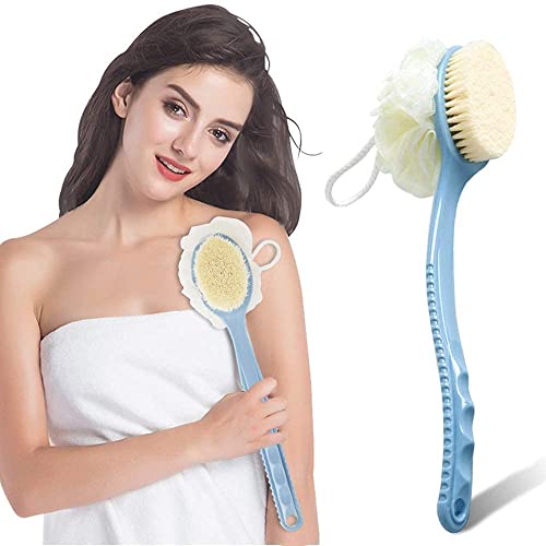 IP International Shower Body Brush with Natural Bristles & Exfoliating Loofah Mesh Sponge - Long Curved Handle for Deep Cleaning & Skin Exfoliation - Perfect for Back Scrubbing, Foot Care & Spa Treatments