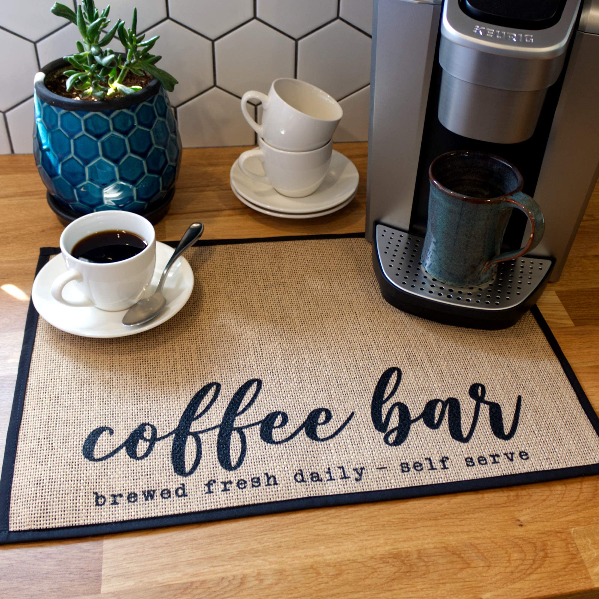 Premium Mungo Coffee Bar Mat - Non-Slip Burlap Placemat with Fabric Backing 20