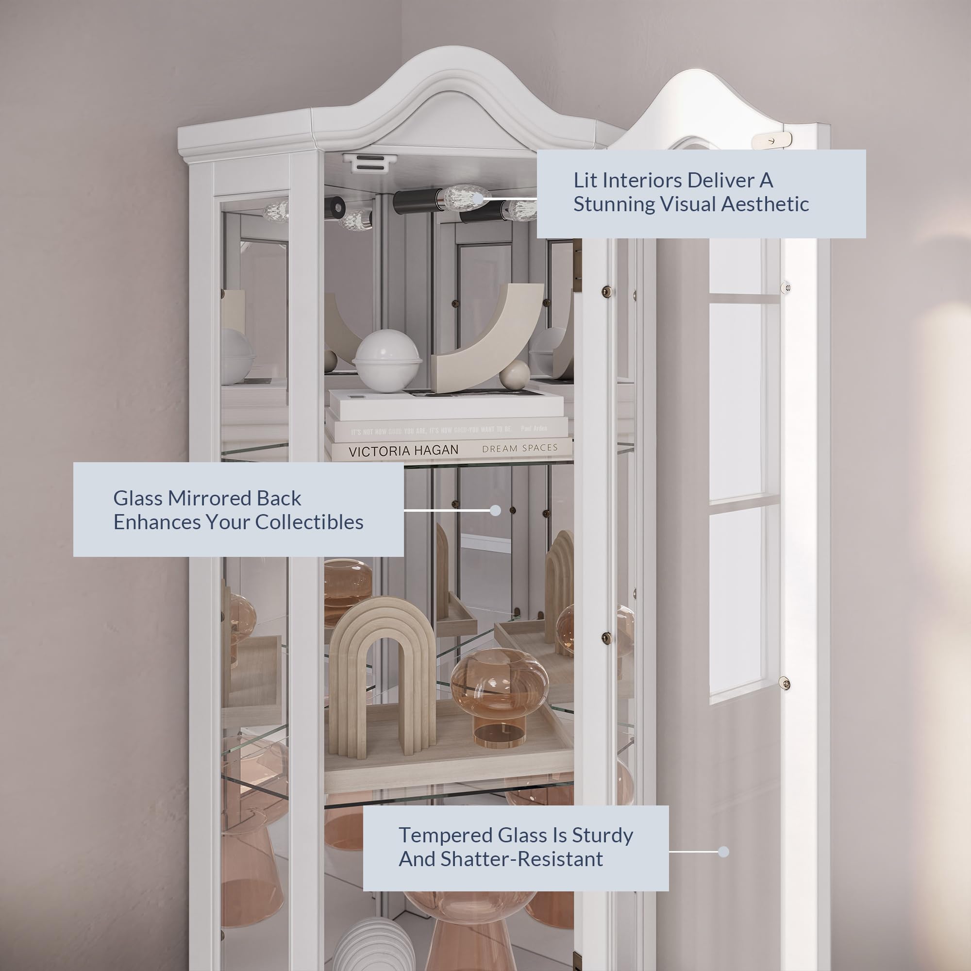 BELLEZE Lighted 3-Side Glass Display Curio Cabinet with Tempered Glass Doors & Shelves - Curved Wood Corner Cabinet with LED Bulbs - White Corner Storage Rack for Living Room, Dining Room & Office Decor