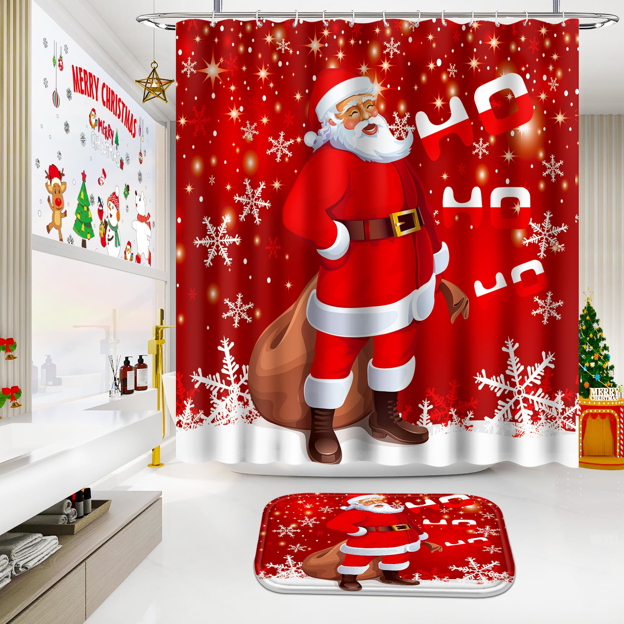 Christmas Bathroom Decor Set - Santa Claus Shower Curtain with Non-Slip Bath Mat, Toilet Cover & 12 Hooks | Holiday Bathroom Accessories for Festive Home Decor (Red & White) - Perfect for Christmas Gifts, Guest Bathrooms & Seasonal Home Styling