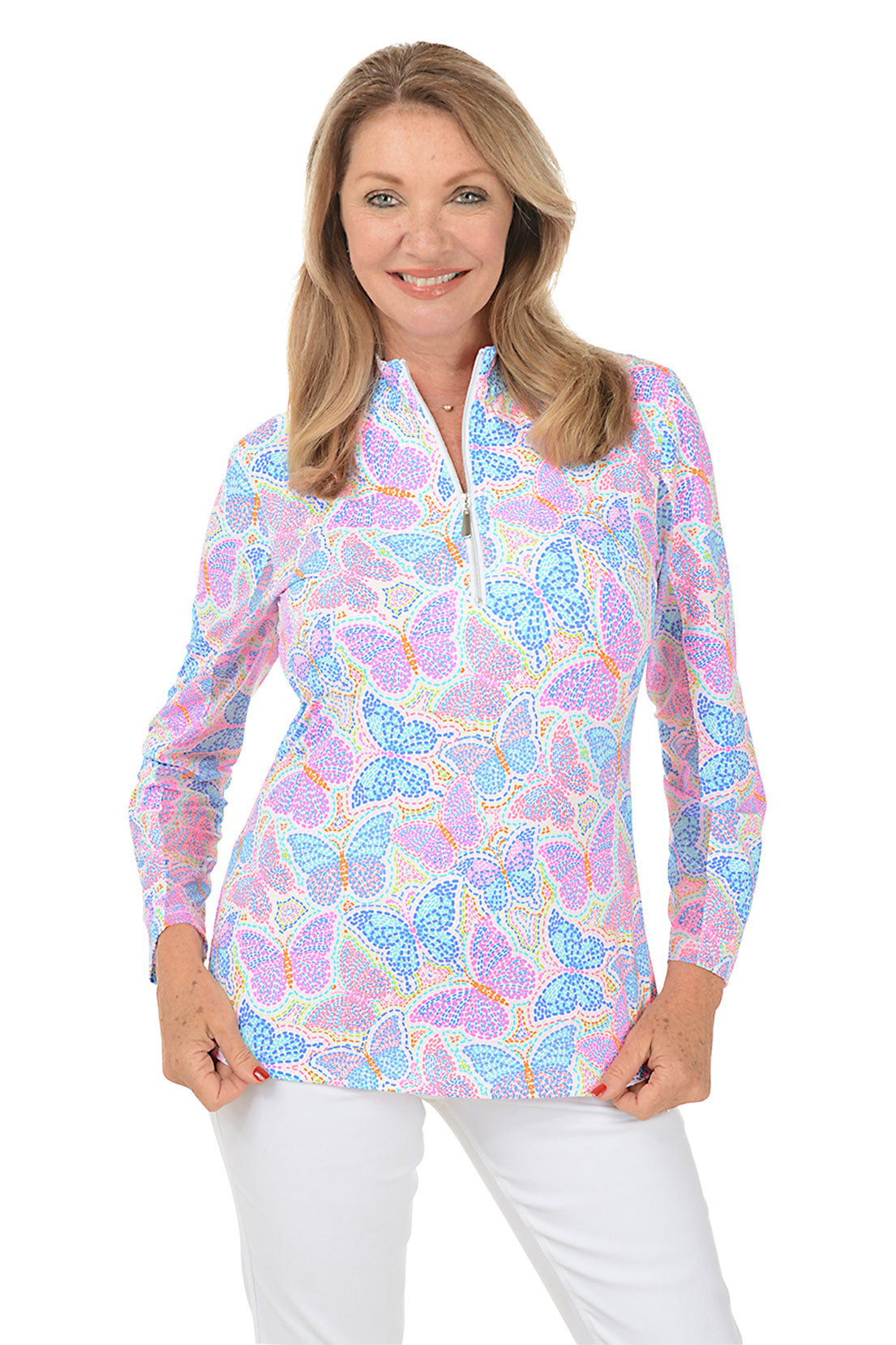 Butterfly Dots UPF50+ Cooling Mock Neck Sun Protection Shirt for Women - Perfect for Beach, Hiking & Summer Outdoor Activities