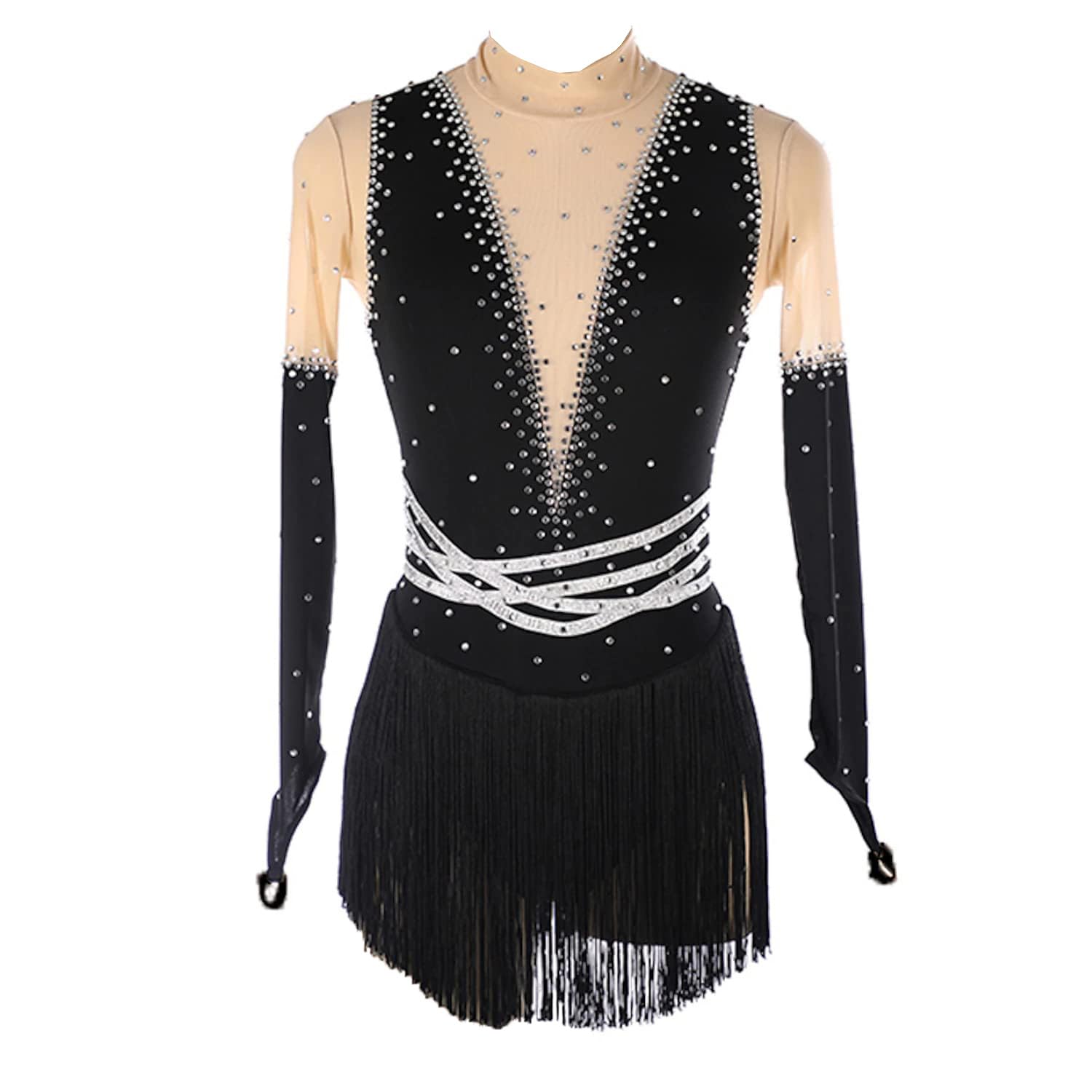 Girls Figure Skating Dress with Long Sleeves - Fringe Performance Costume for Ice Skating Training, Roller Skating & Outdoor Gymnastics | Perfect for Competitions, Shows & Practice Sessions