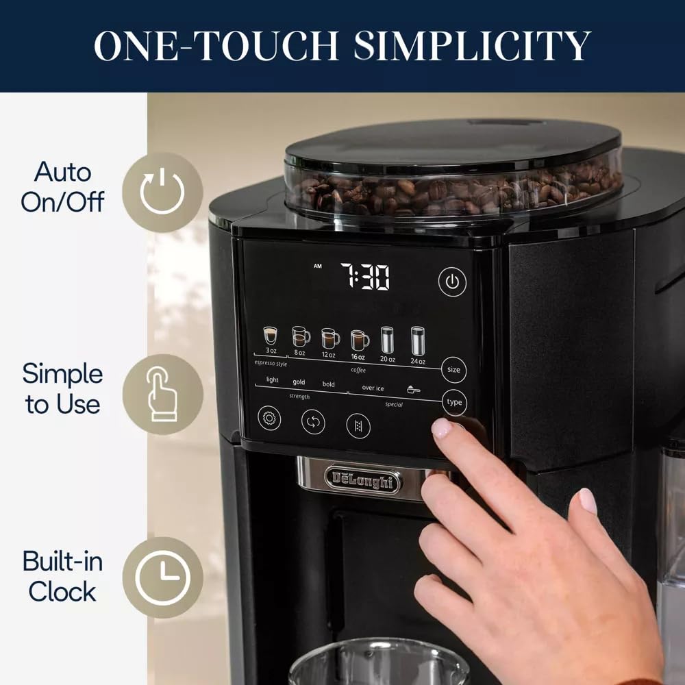De'Longhi True-Brew Automatic Coffee Maker with Built-in Burr Grinder - One-Touch Espresso & Drip Coffee Machine, 5 Brew Styles, Zero Waste Design, Black Matte Finish - Perfect for Home, Office & Small Cafes