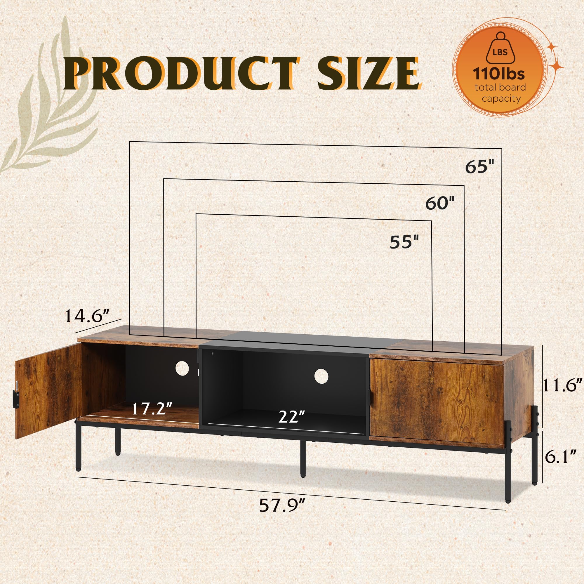 WLIVE 65 Inch Modern TV Stand - Mid Century Entertainment Center with Storage, Open Shelf & 2 Cabinets - Rustic Brown TV Console with Metal Legs for Living Room & Bedroom - Perfect for Home Theater Setup & Media Organization