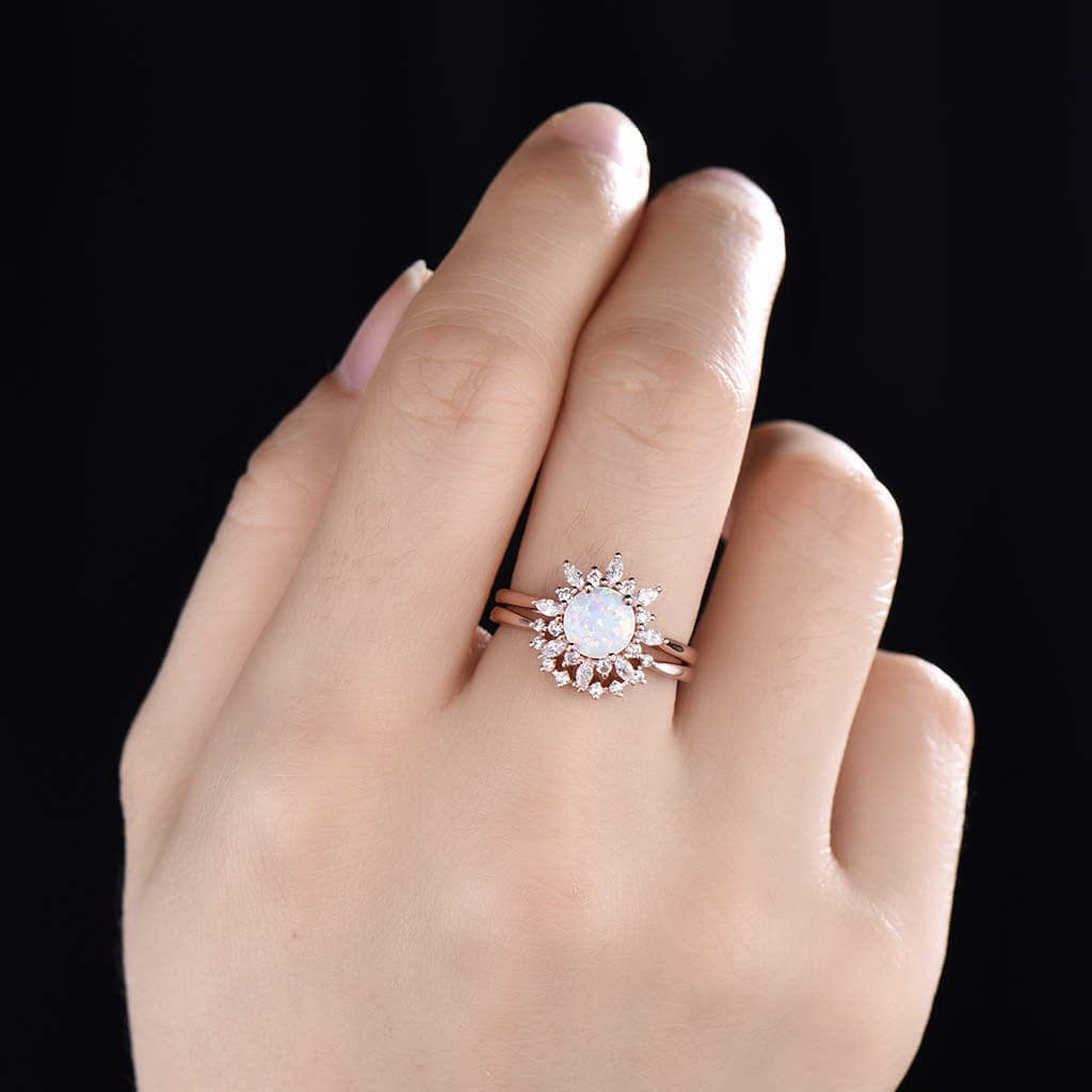 1ct Sunflower Floral Opal & Diamond/Moissanite Engagement Ring Set (2-Piece) - Perfect for Proposals, Weddings & Anniversary Gifts