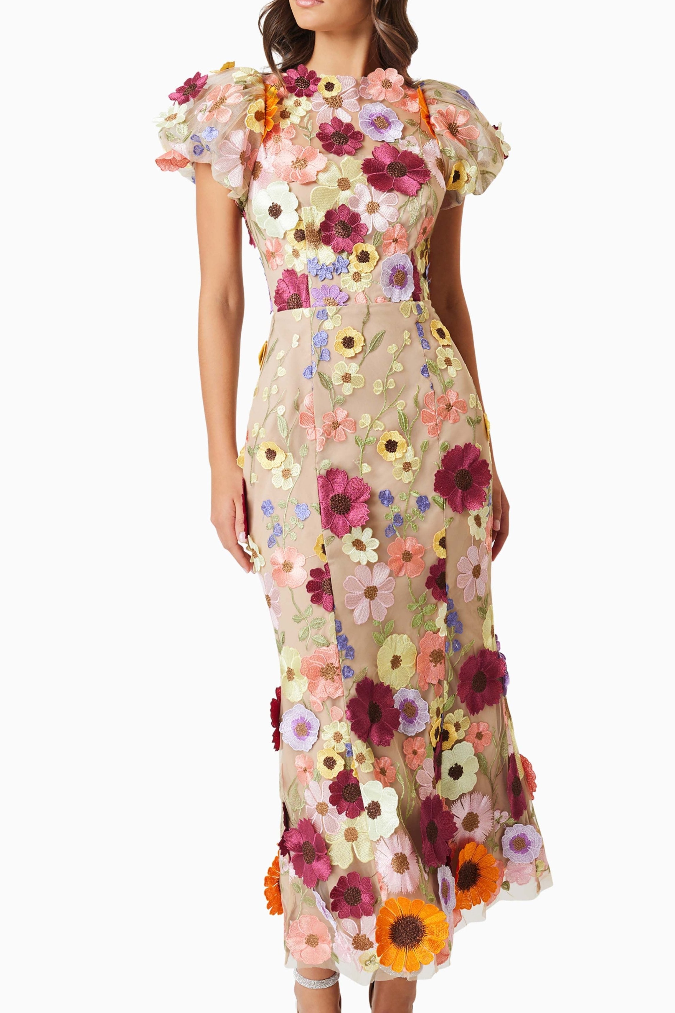 Astraea Elegant 3D Lace Maxi Dress in Pink - Perfect for Weddings, Parties & Special Occasions