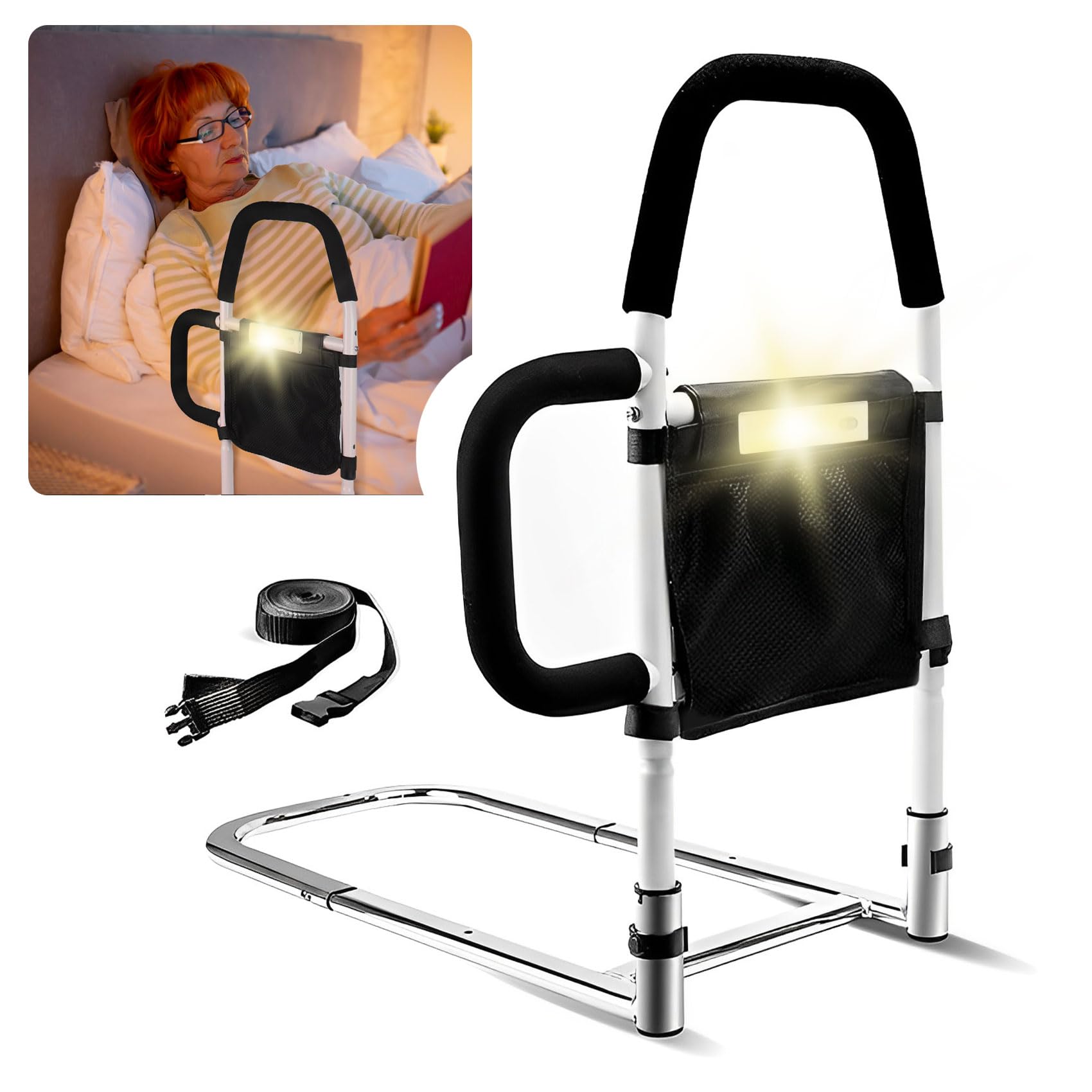 Elderly Bed Safety Rails with Motion Sensor Light & Storage Pocket - Adjustable Bed Assist Bar for Seniors, Bed Cane for Easy In & Out - Perfect for Home Care, Hospital Beds & Mobility Assistance