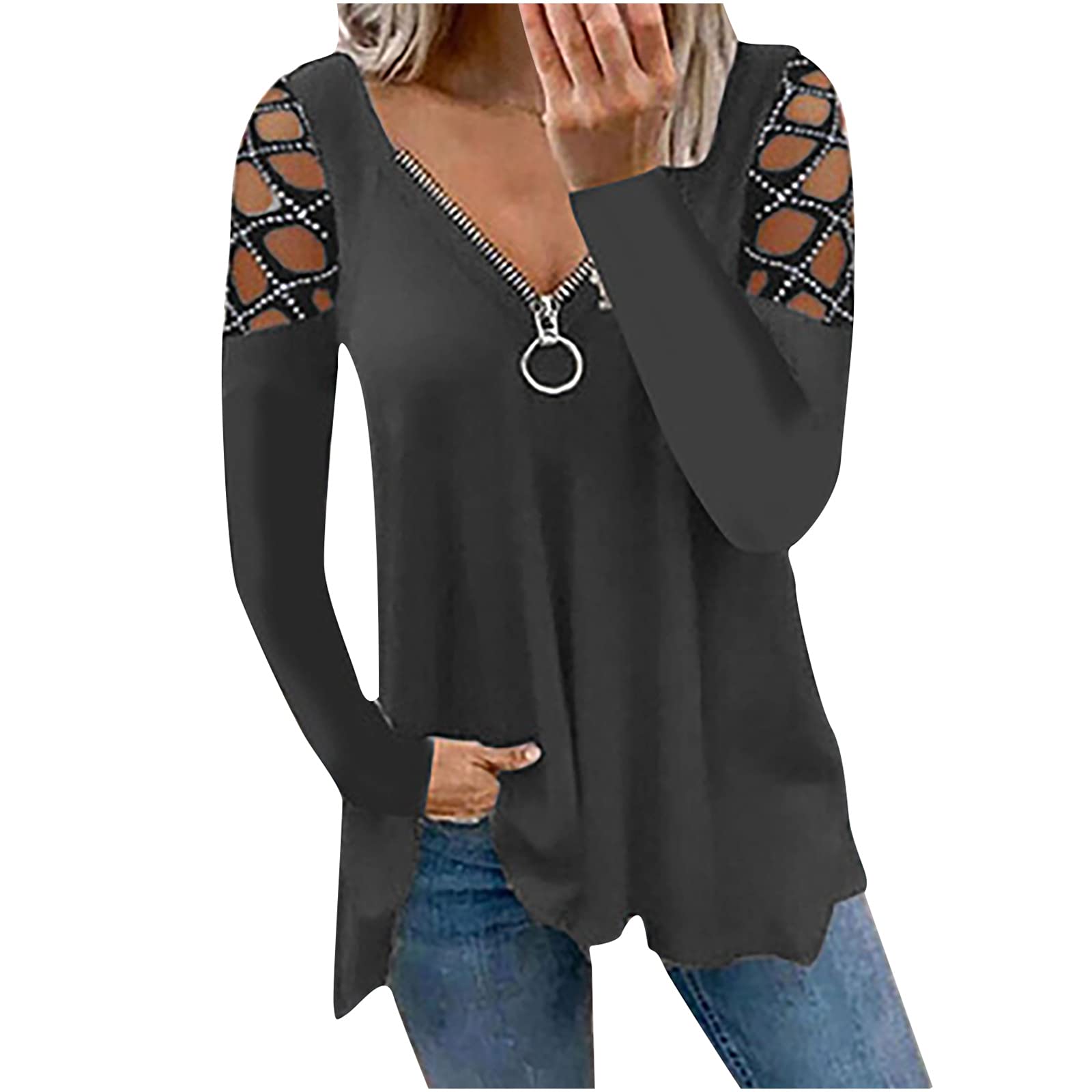Women's Cold Shoulder Casual Zip-Up V-Neck Long Sleeve Blouse - Loose Fit Soft Pleated Tunic Top for Spring/Summer Fashion | Perfect for Office, Date Night & Weekend Outings