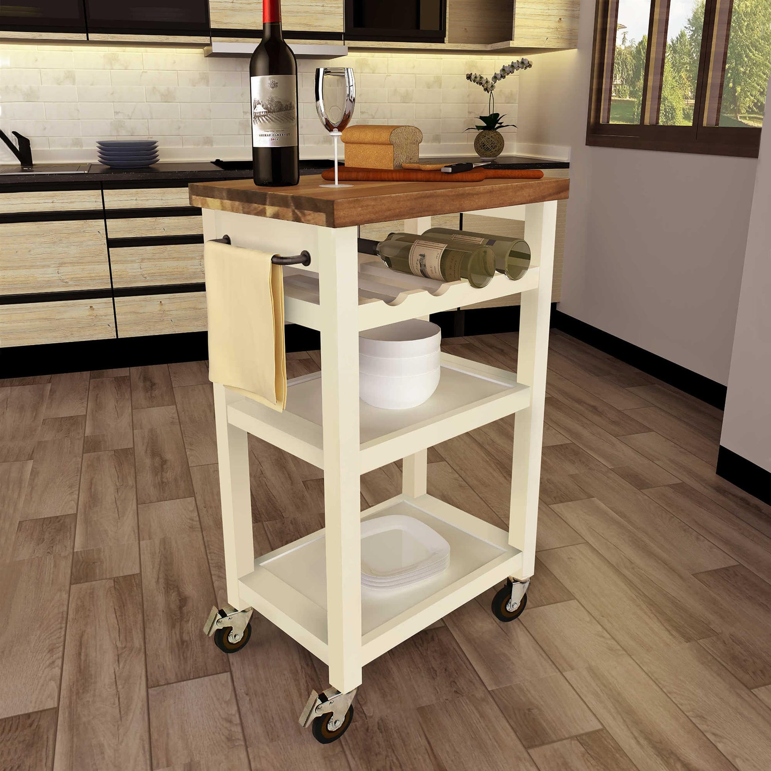 Steve Silver Belden Solid Wood White Kitchen Cart with Wheels - Portable Rolling Island for Small Spaces, Breakfast Nook & Apartment Kitchen Storage