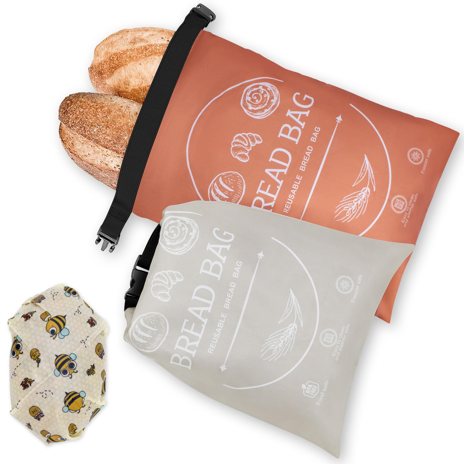 2 Pack Reusable Bread Bags with Beeswax Food Wraps - Eco-Friendly Storage for Homemade Bread, Sourdough & Baked Goods | Perfect for Freezer, Pantry & On-the-Go Freshness