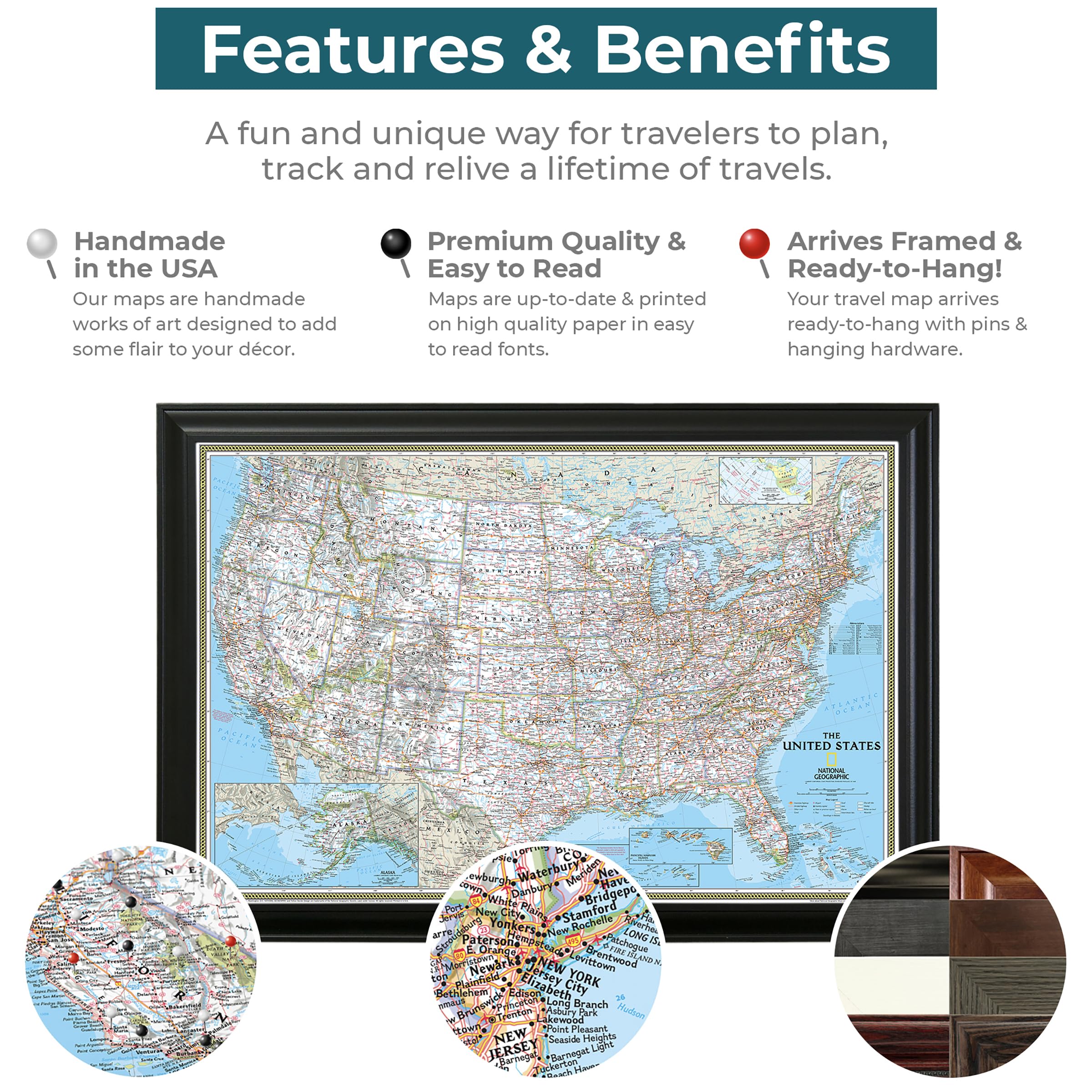 Push Pin Travel Map - Classic US Barnwood Gray Framed Pin Board for Tracking Adventures - 27.5
