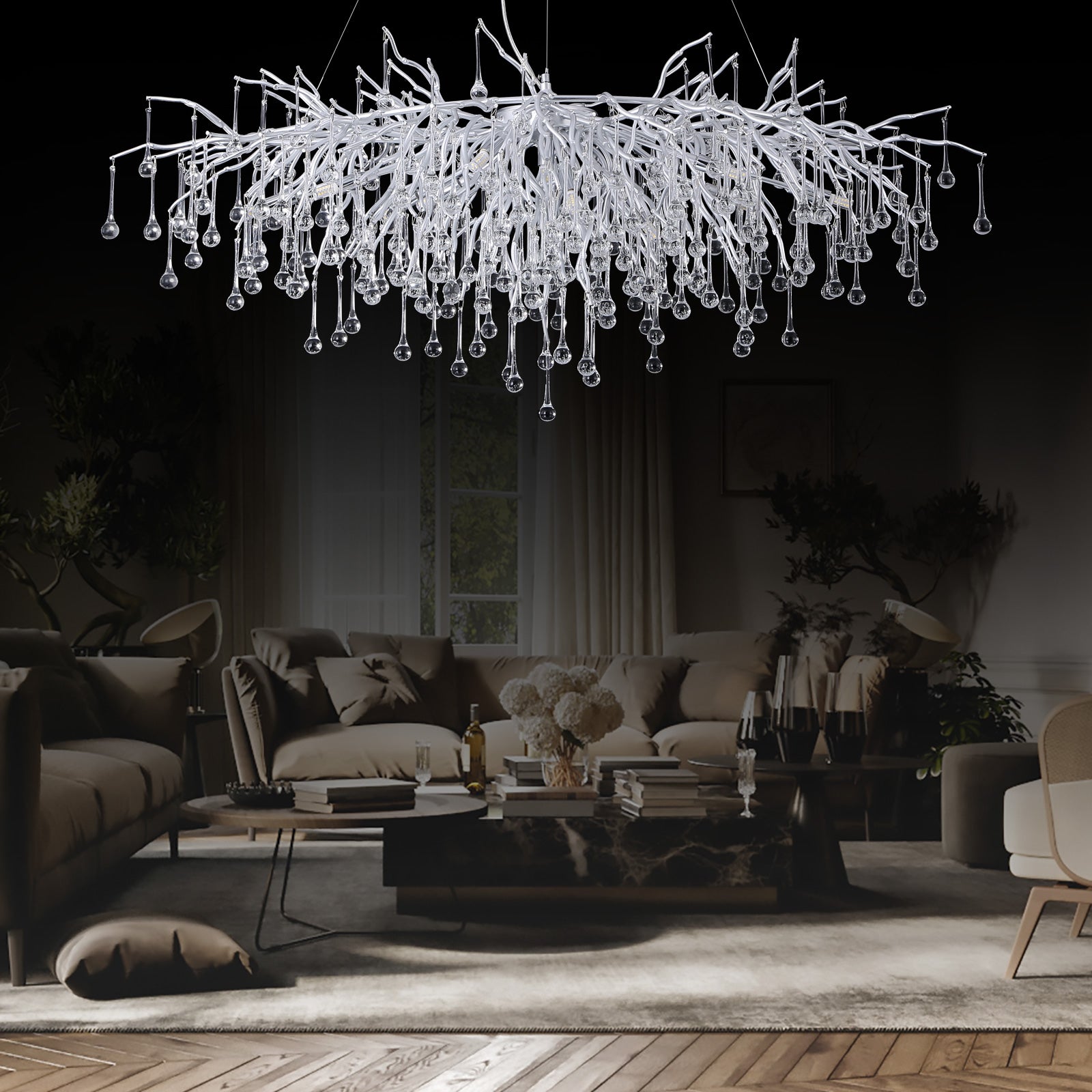 Doris Modern Rectangle Branch Chandelier - 45 Inch Silver LED Ceiling Light Fixture for Dining Room, Living Room, Bedroom Decoration
