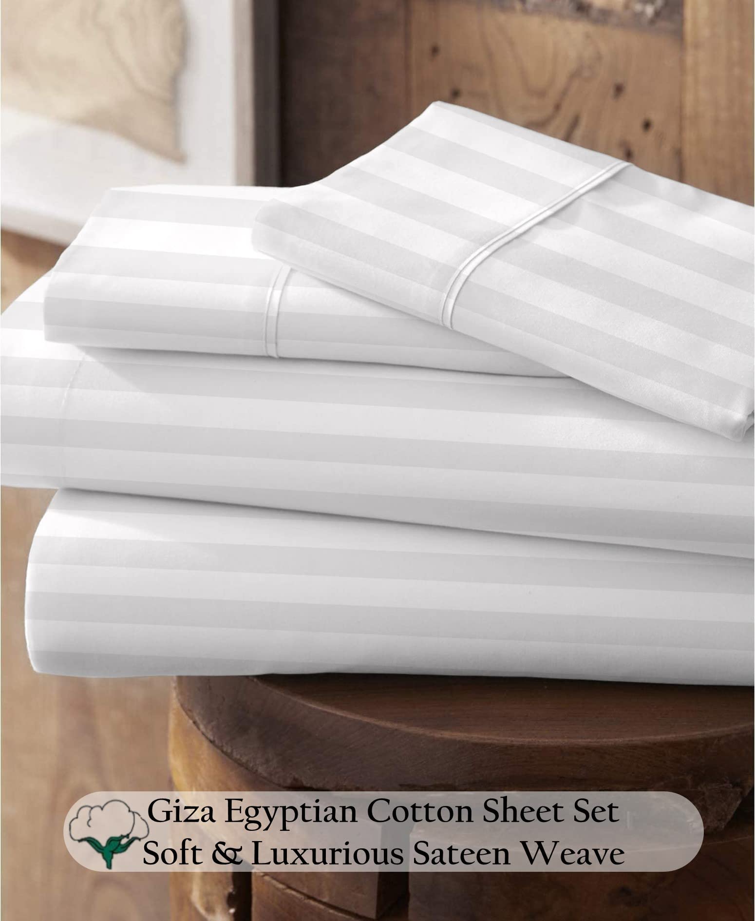100% Certified Giza Cotton Pillowcase & Sheet Set - Queen Size, Soft Sateen Weave, Breathable Egyptian Cotton, Fits Up to 18-Inch Deep Pocket Mattress - White Stripe | Luxury Bedding for Hotels, Home & Airbnb