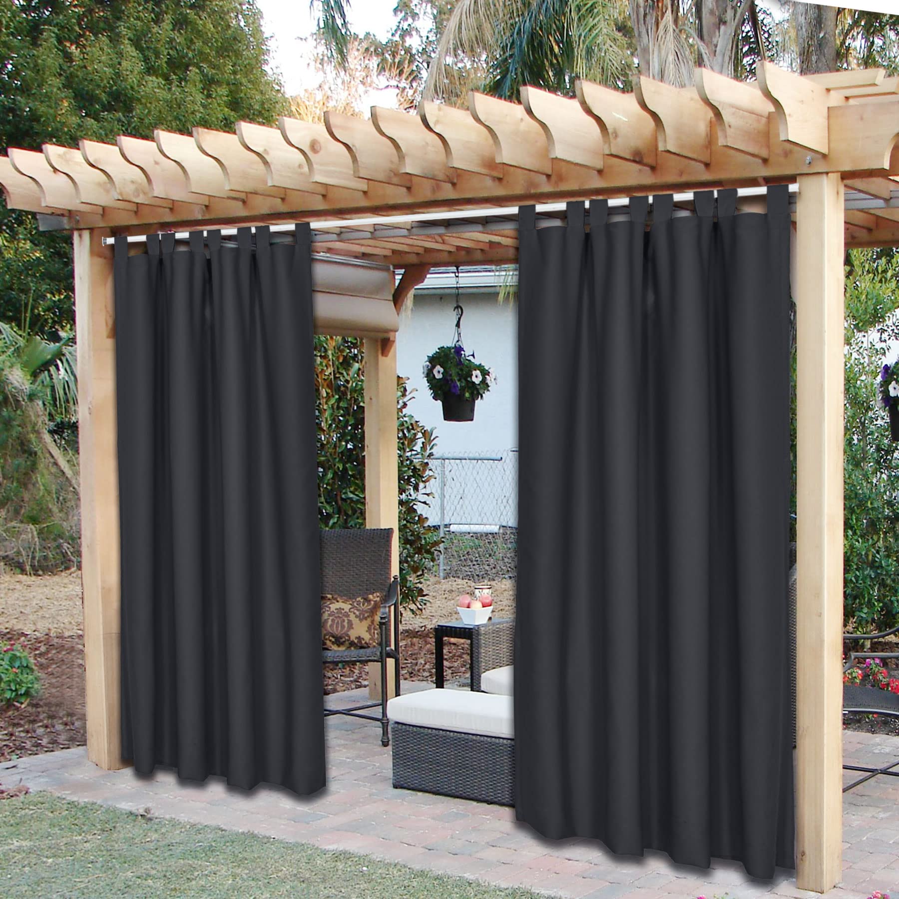 Frement Waterproof Noise Canceling Indoor/Outdoor Curtains - Black Self-Adhesive Tab Top Drapes for Pergola, Balcony, Patio (52