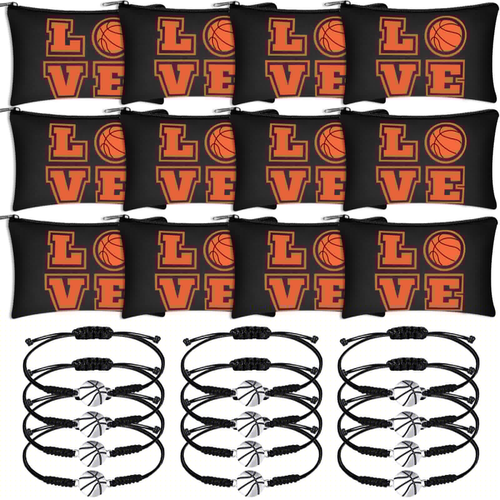 Kajaia 12 PCS Basketball Themed Makeup Bag Set for Girls with 12 Adjustable Basketball Bracelets - Portable Zippered Cosmetic Pouch & Braided Charm Bracelets - Perfect for Basketball Parties, Gifts & Sports Enthusiasts (Black, Classic)