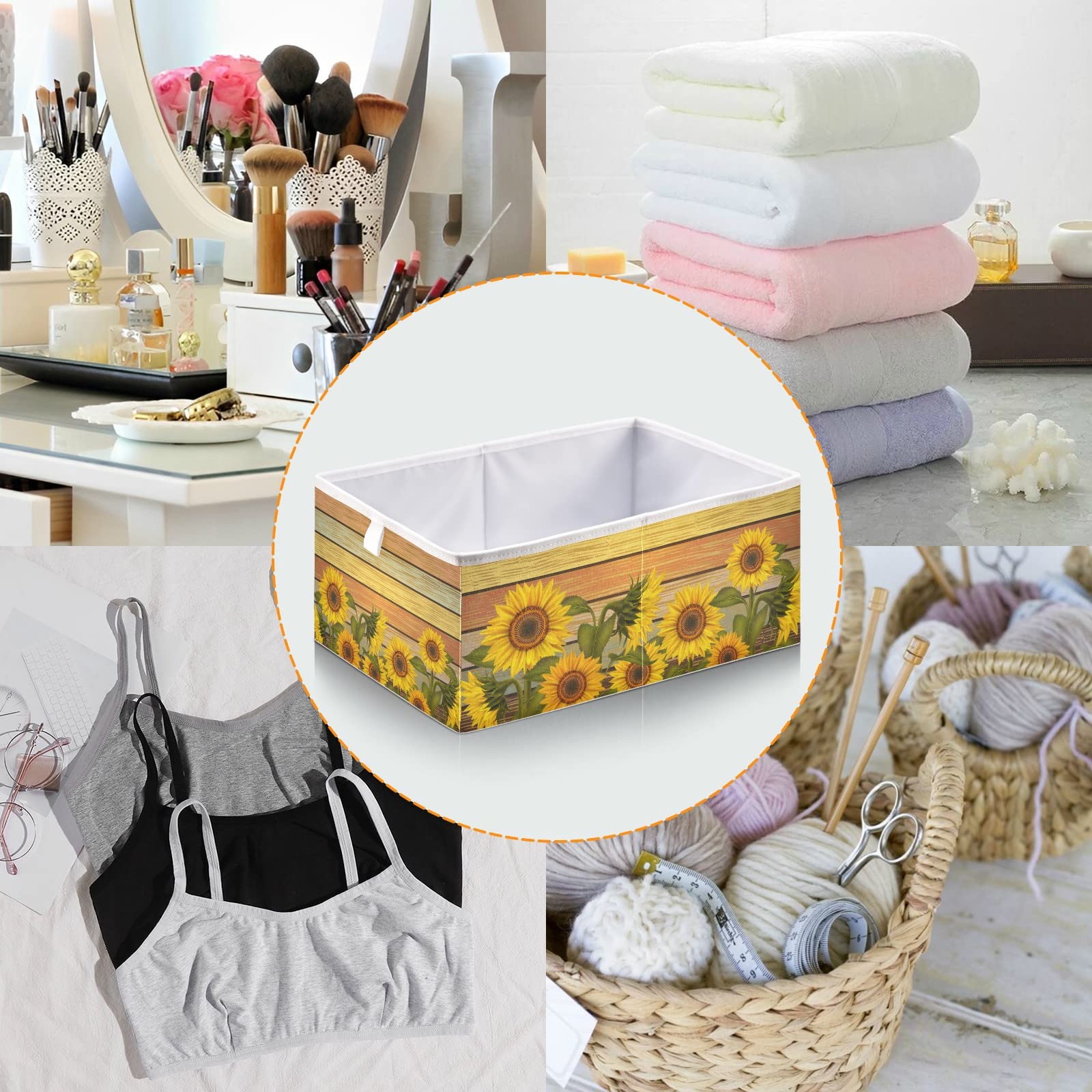 Foldable Collapsible Storage Baskets with Sunflower Leaves Print - 11x11 Inch Fabric Cube Organizer for Shelves, Pantry, Bathroom & Nursery | Space-Saving Toy & Baby Clothes Storage Solution