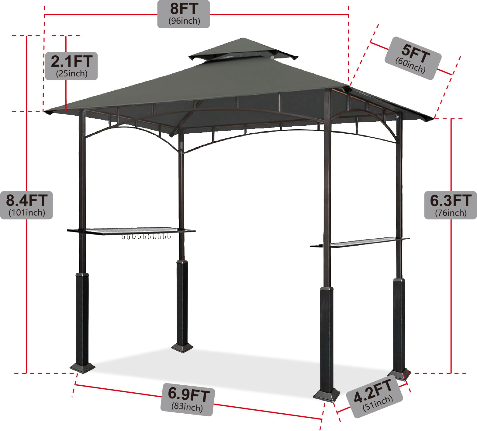 Eurmax USA 5x8 FT Grill Gazebo with Double Tier Canopy - Steel Frame Outdoor BBQ Shelter for Patio & Backyard, Includes 2 LED Lights & Bar Counters (Gray) - Perfect for Garden Parties, Camping & Outdoor Dining
