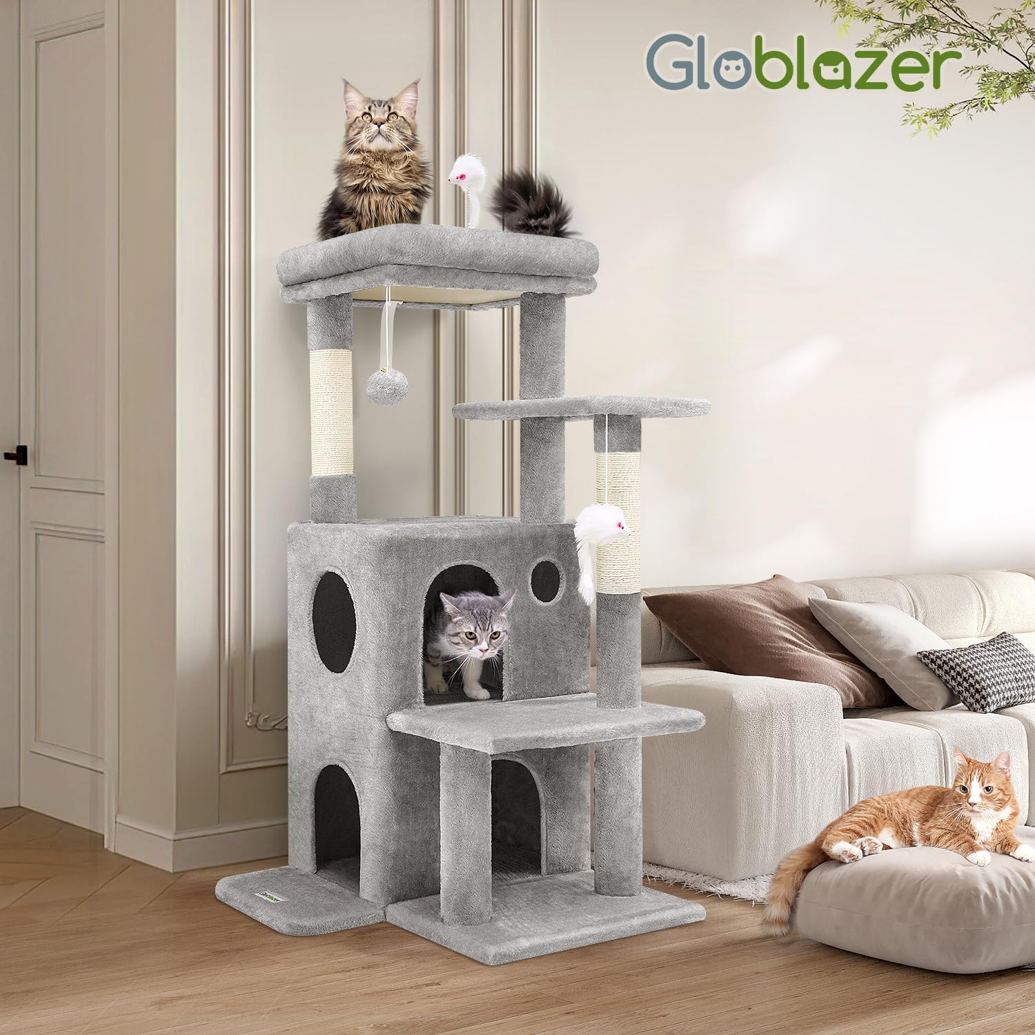 50-inch FC50 Cat Tree Tower for Large Indoor Cats - Multi-Level Cat House with Scratching Posts, 2 Cozy Cat Caves, Dangling Toys & Steps - Light Grey - Perfect for Play, Rest & Climbing in Home or Apartment