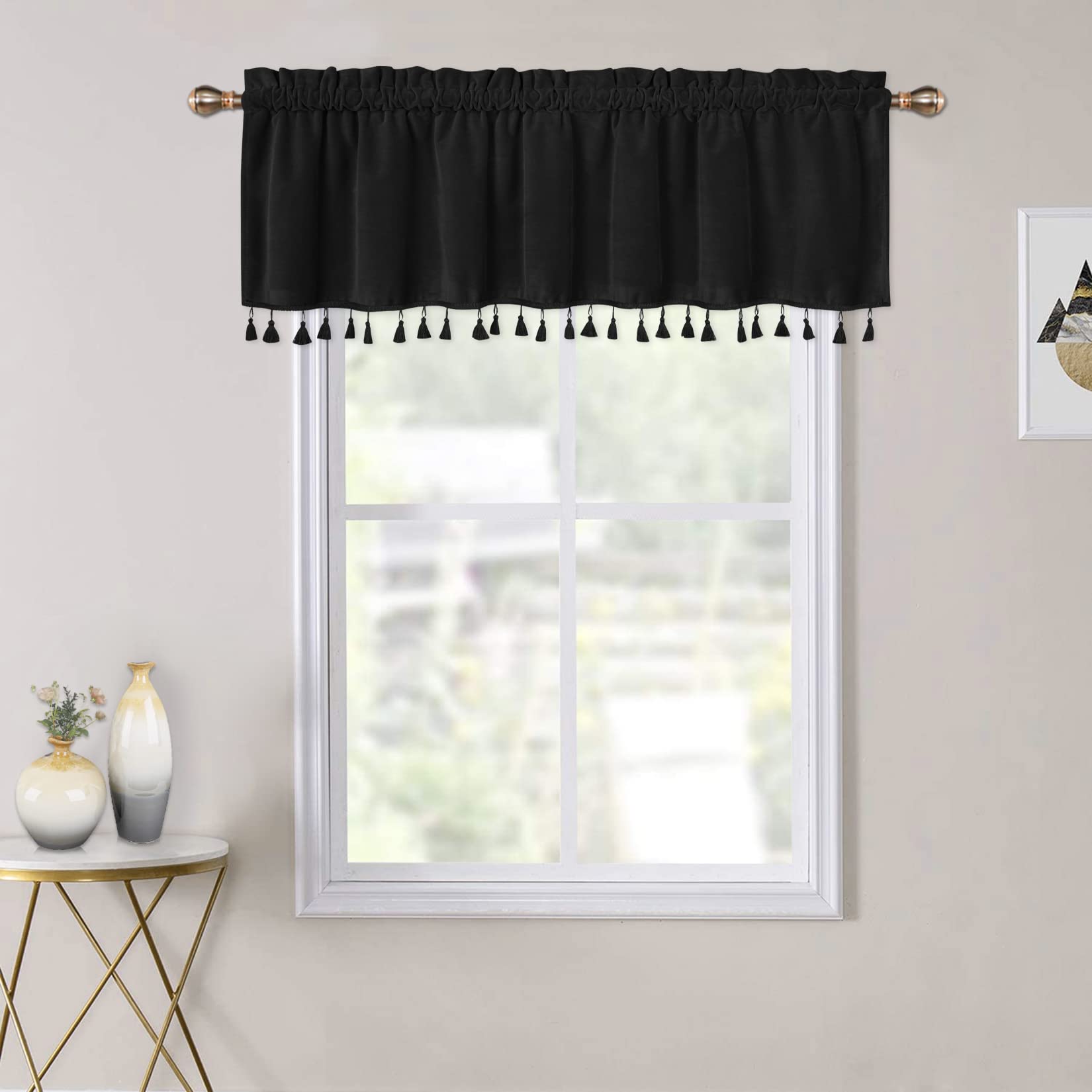 CAROMIO Boho Tassel Blackout Velvet Window Valance Curtain - 52 x 15 Inch, Luxury Room Darkening Drapes for Bedroom & Living Room - Perfect for Home Decor, Privacy & Light Control