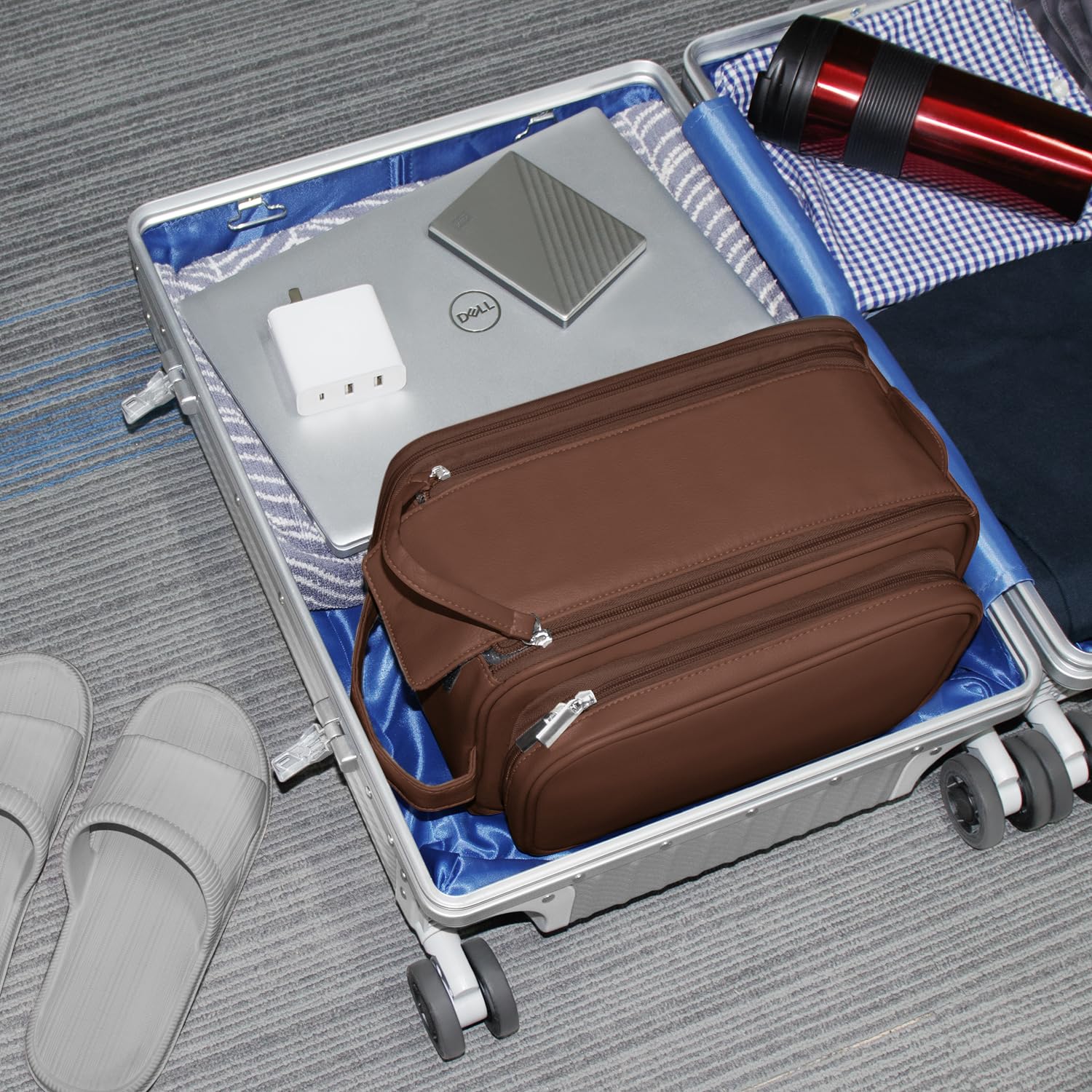 Buruis Extra Large Waterproof Travel Toiletry Bag for Men - PU Leather Dopp Kit Organizer with Multiple Pockets for Shaving, Grooming & Cosmetic Accessories (Brown) - Perfect for Business Trips, Gym, Camping & Vacation Essentials