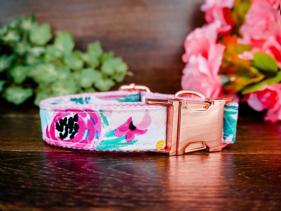 Pink Watercolor Rose Dog Collar – Adjustable Pet Collar for Small & Medium Dogs – Perfect for Walks, Training & Fashion Accessories