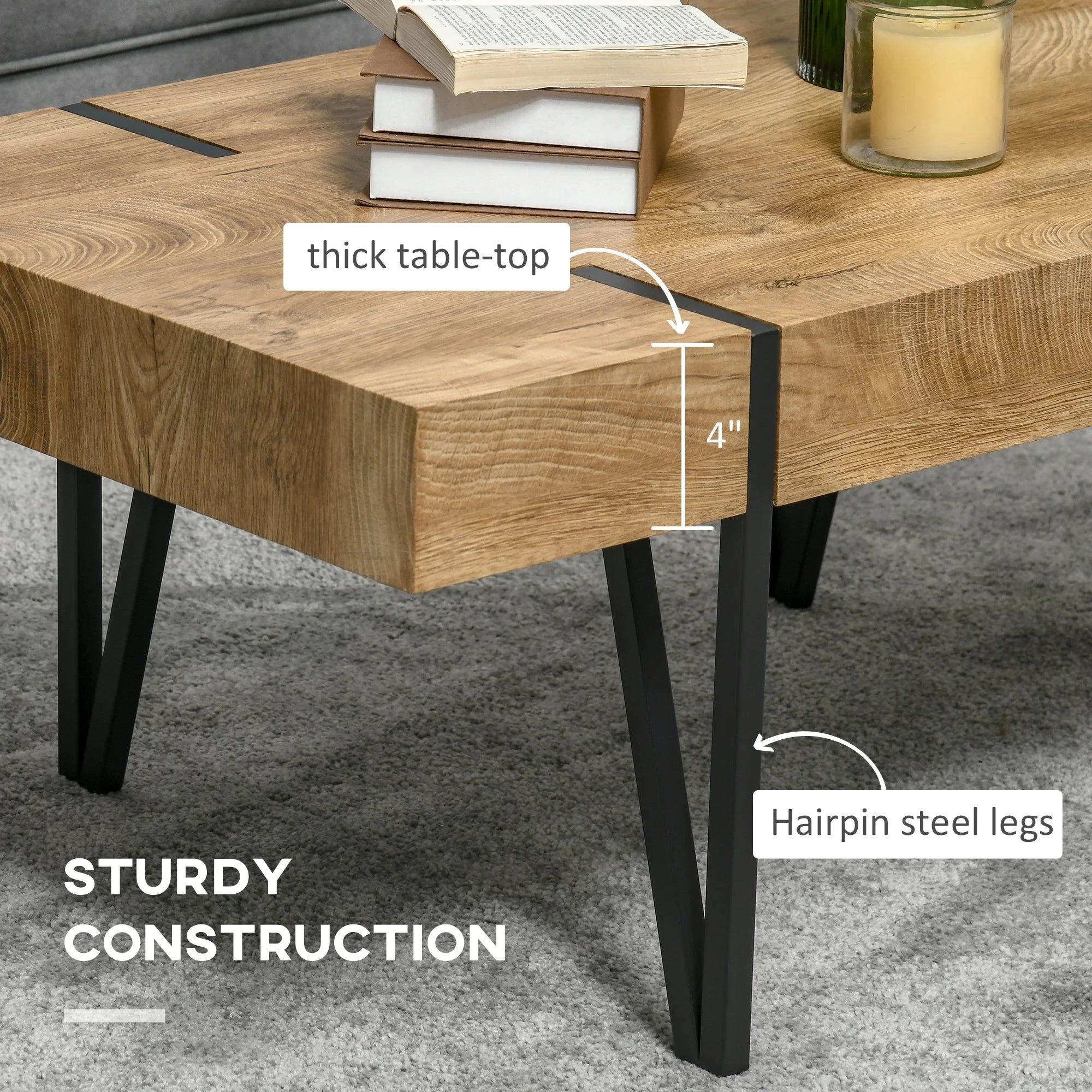 Rustic Coffee Table with Steel Hairpin Legs - Solid Natural Wood Modern Farmhouse Living Room Furniture for Home Decor & Small Spaces