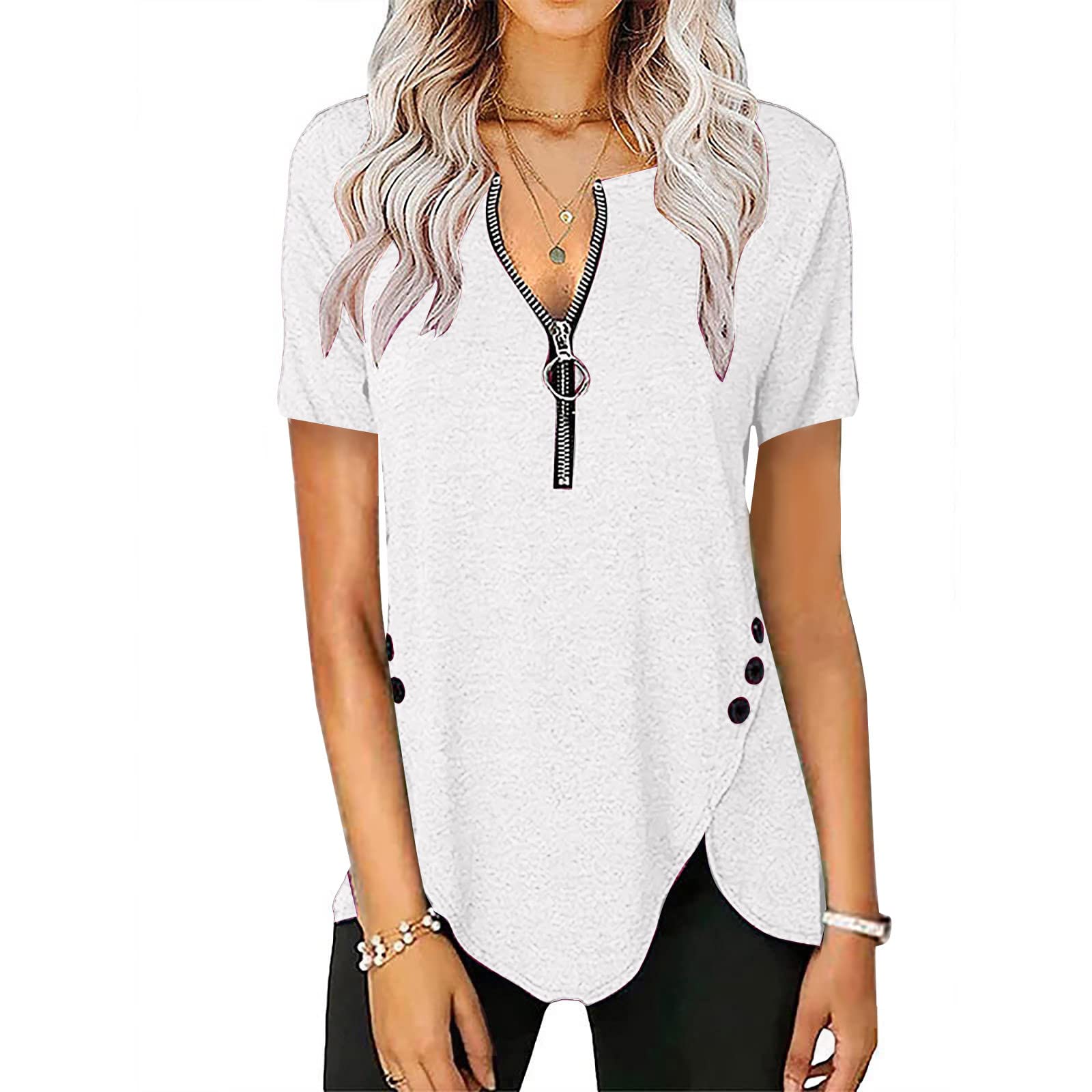 ZEFOTIM Women's Trendy Spring Fashion Long Sleeve V-Neck Blouse with Button Trim & Zipper Detail - Casual Tunic Tops for Work, Dating & Everyday Wear
