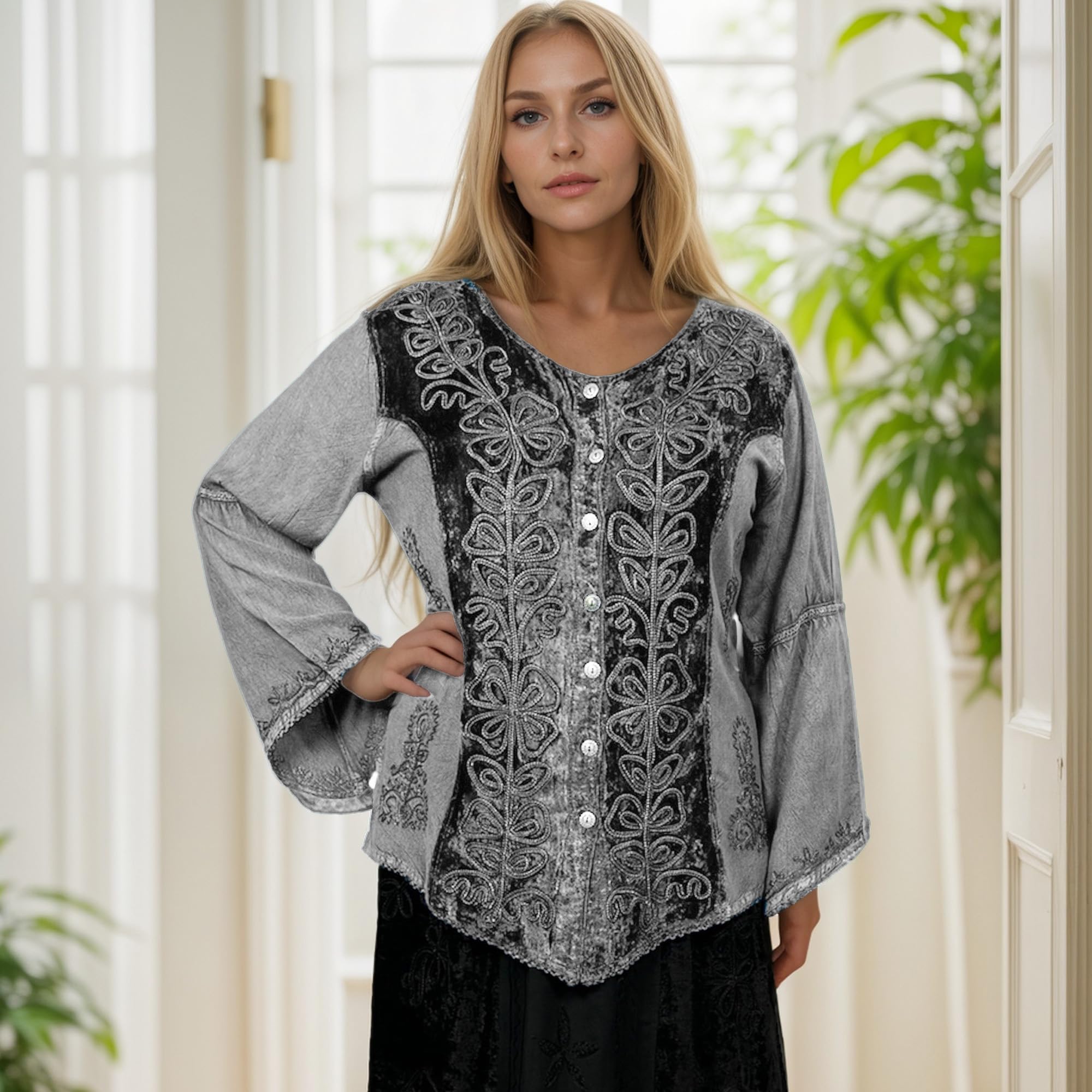 Agan Traders 2025 Long Sleeve Velvet Blouse for Women - Vintage Renaissance Button Down Embroidered Top | Spring Winter Fashion | Perfect for Parties, Weddings & Renaissance Fairs