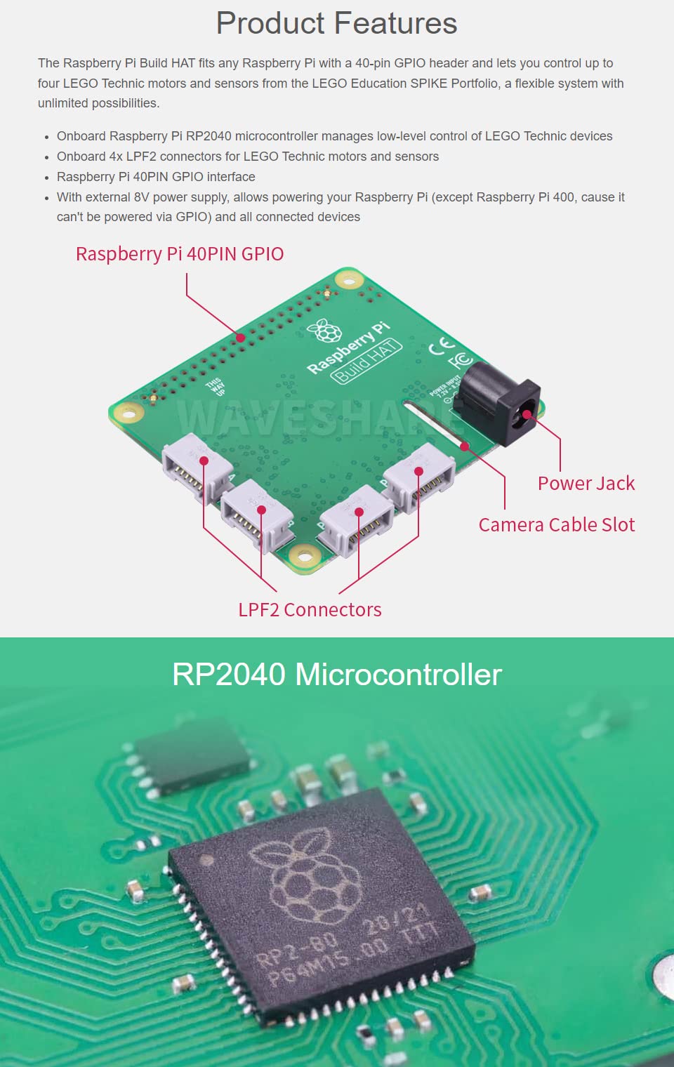 Waveshare Raspberry Pi Build HAT - Connect Raspberry Pi to LEGO Technic Motors & Sensors | STEM Robotics Projects, DIY Coding & Educational Electronics