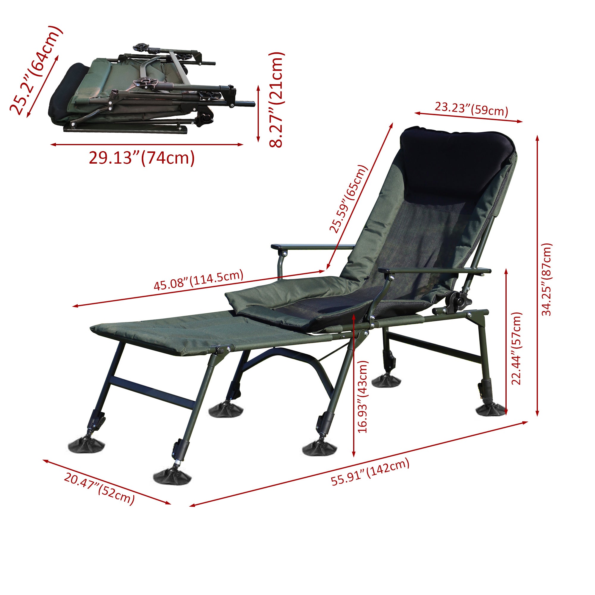 Portable Folding Reclining Camping Chair with Detachable Footrest & Adjustable Backrest - Lightweight Outdoor Lounge Chair for Camping, Beach, Hiking, Fishing (Green & Black) - Perfect for Backyard Relaxation, Picnics and Tailgating