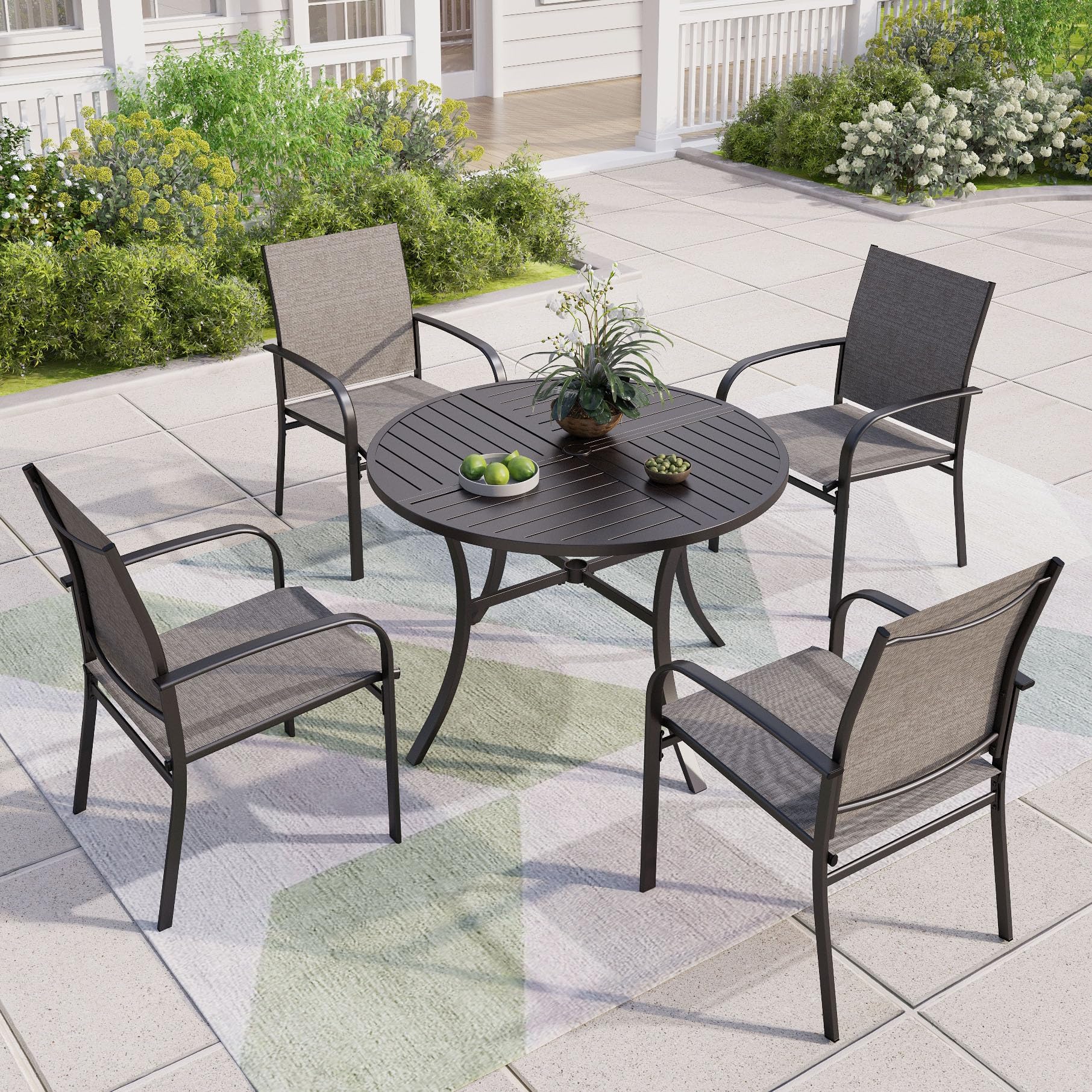 5-Piece Outdoor Dining Set - Round Metal Patio Table & 4 Brown Chairs for 4 People - Perfect for Deck, Garden, Backyard, Lawn & Poolside Gatherings