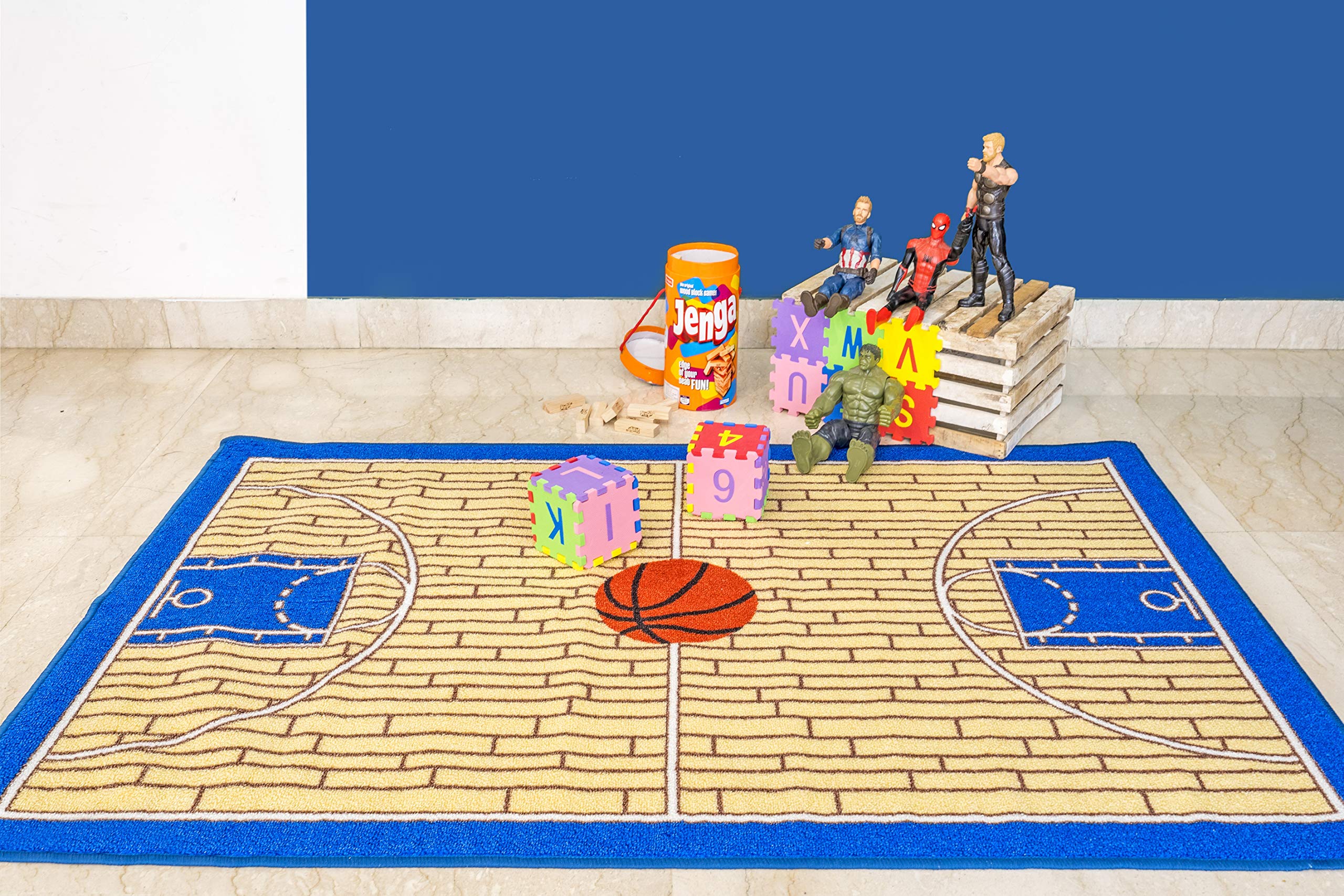 695 Basketball Themed Kids Play Area Rug - Non-Slip Blue Court Design for Playroom, Kindergarten & Bathroom - Modern Decor 7'10