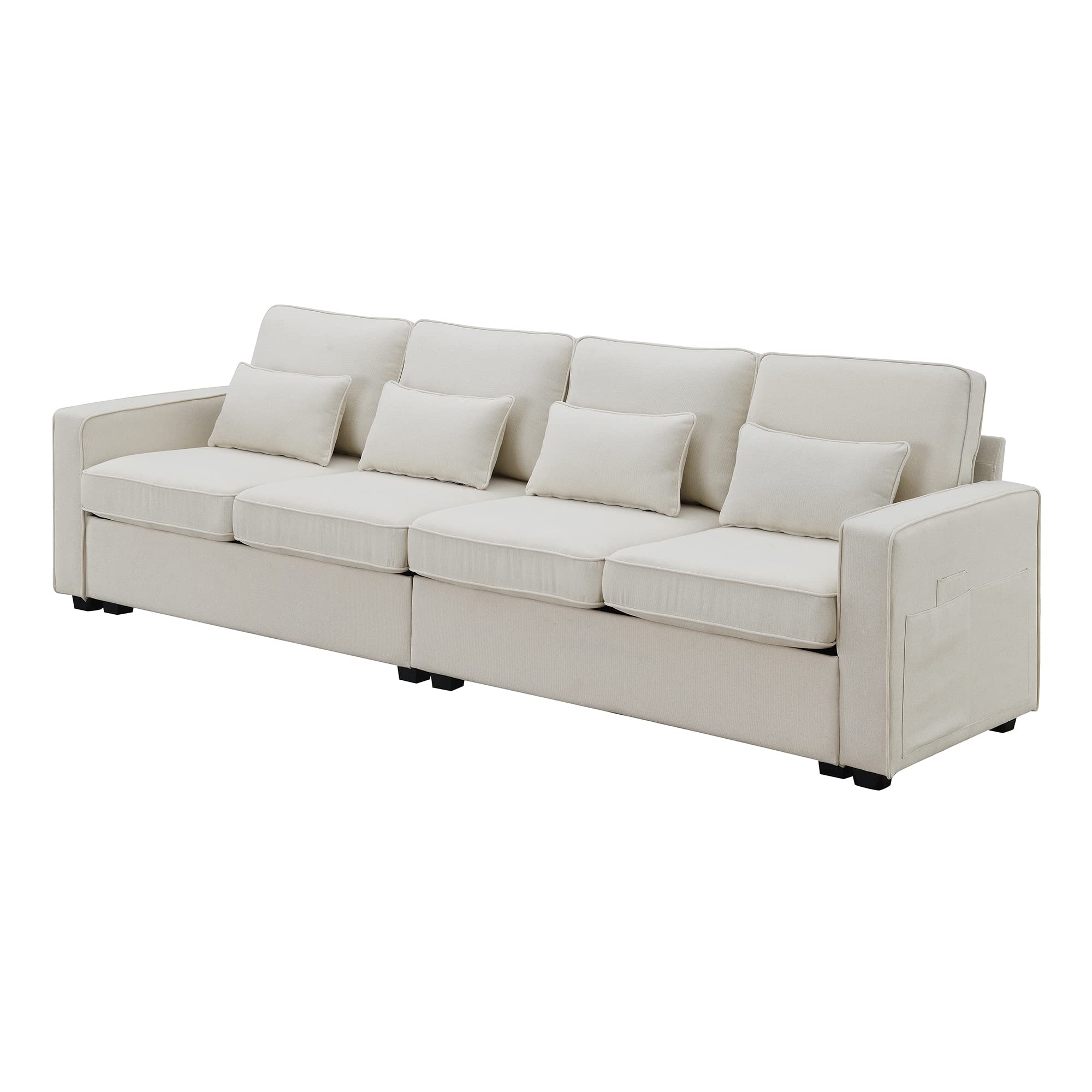 Modern 4-Seater Linen Fabric Sofa with Armrest Pockets & 4 Pillows - Minimalist Upholstered Couch for Living Room, Apartment, Office (Beige) | Perfect for Small Spaces, Family Gatherings & Cozy Home Decor