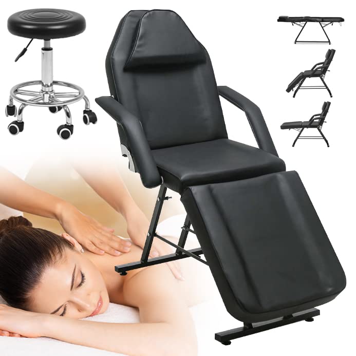 Professional Salon Spa Massage Table - 3-Section Adjustable Beauty Bed with Stool for Facials, Tattoos & Lashes | Leather Upholstered Facial Bed for Spa, Salon & Home Use (Black)
