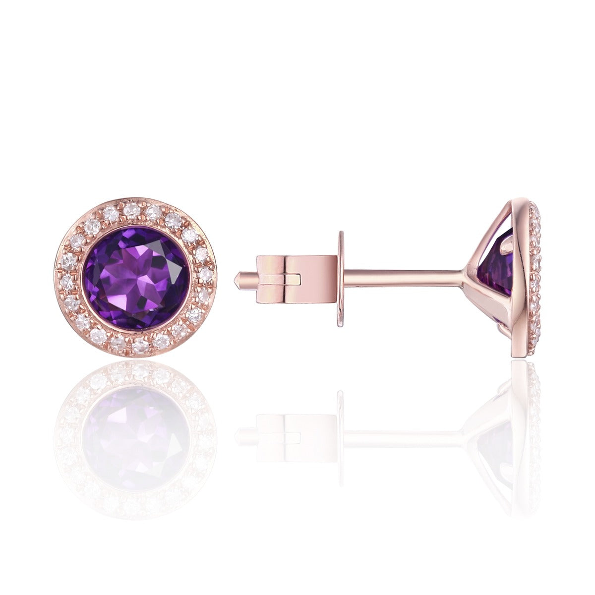 14K Rose Gold Amethyst & Diamond Halo Martini Stud Earrings for Women - Elegant Purple Gemstone Jewelry Gift for Birthday, Anniversary & Special Occasions