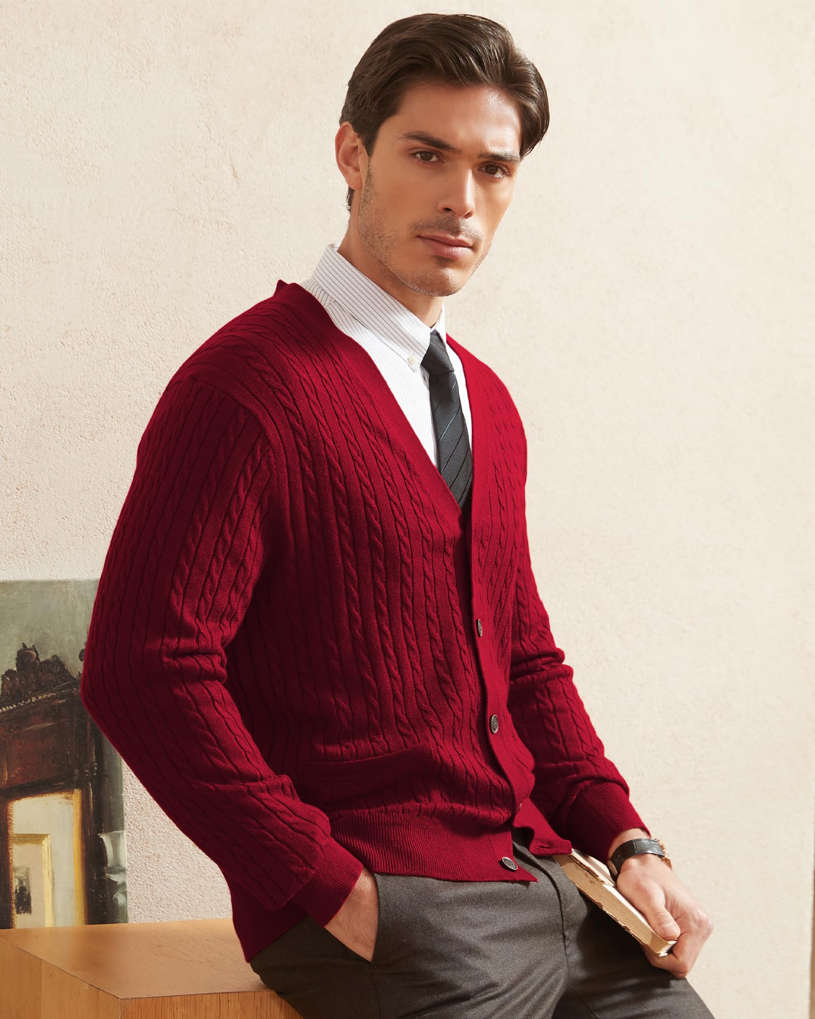 Kallspin Men's Wool Blend Cable Knit V-Neck Cardigan Sweater with Buttons & Pockets | Warm Winter Layering for Office, Casual Outfits & Date Nights