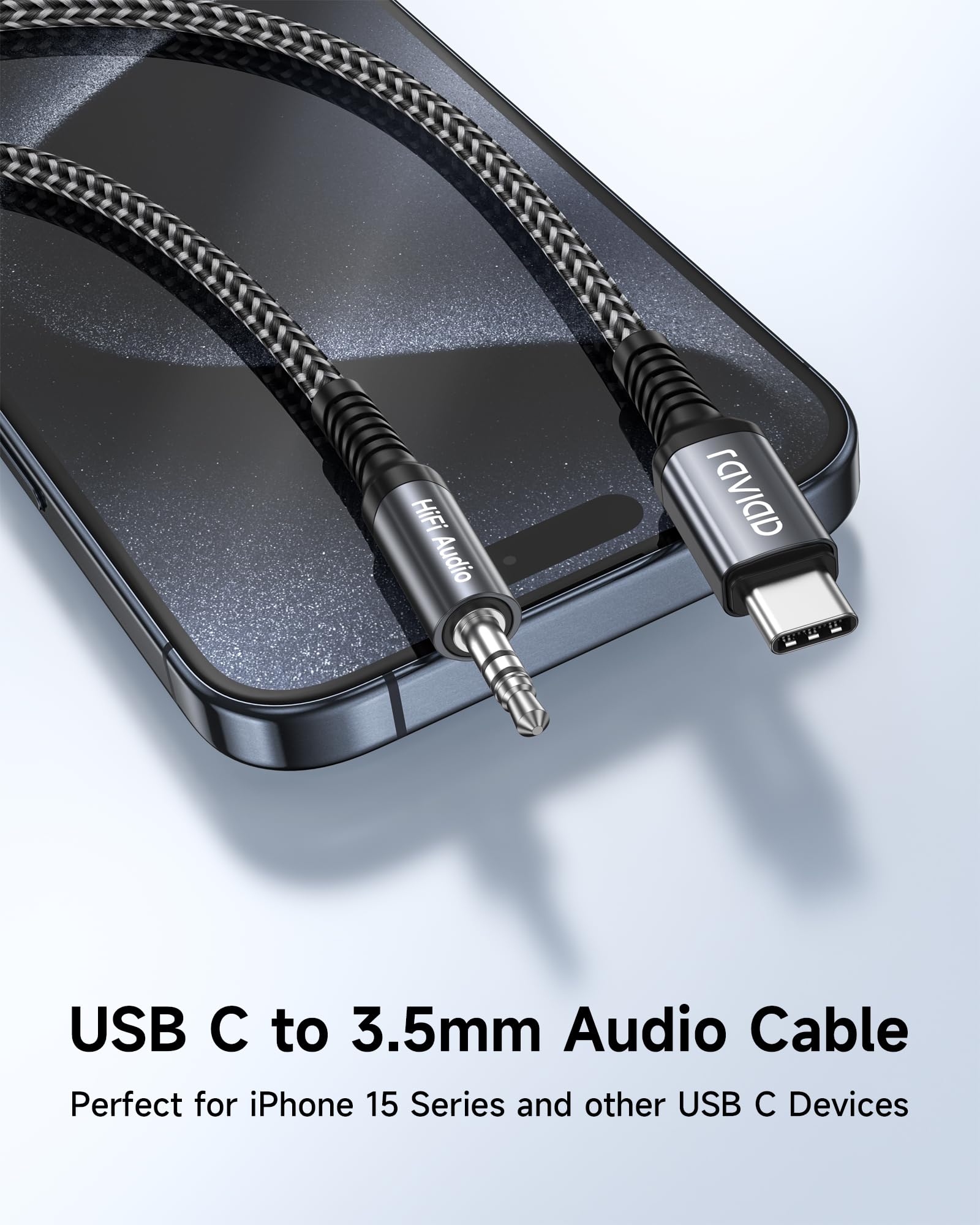 RAVIAD USB C to 3.5mm Audio Aux Cable - 3.3FT/1M Adapter for iPhone 15 Pro Max, Samsung Galaxy S24/S23/S22 Ultra, iPad Pro/Air, Google Pixel 8/7 - High Quality Headphone Jack Converter for Music, Gaming & Car Audio
