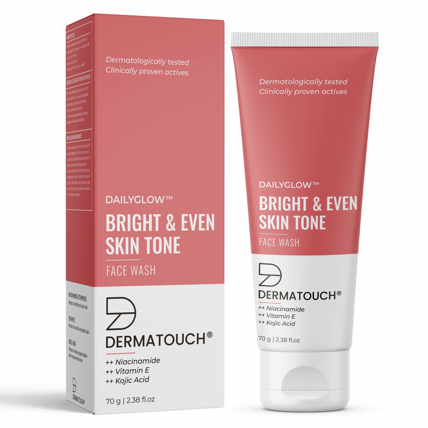 DERMATOUCH Brightening Face Wash with Niacinamide, Vitamin E & Kojic Acid - Gentle Daily Cleanser for Tan Removal, Pigmentation & Uneven Skin Tone - 70g | Perfect for Morning & Night Skincare Routine
