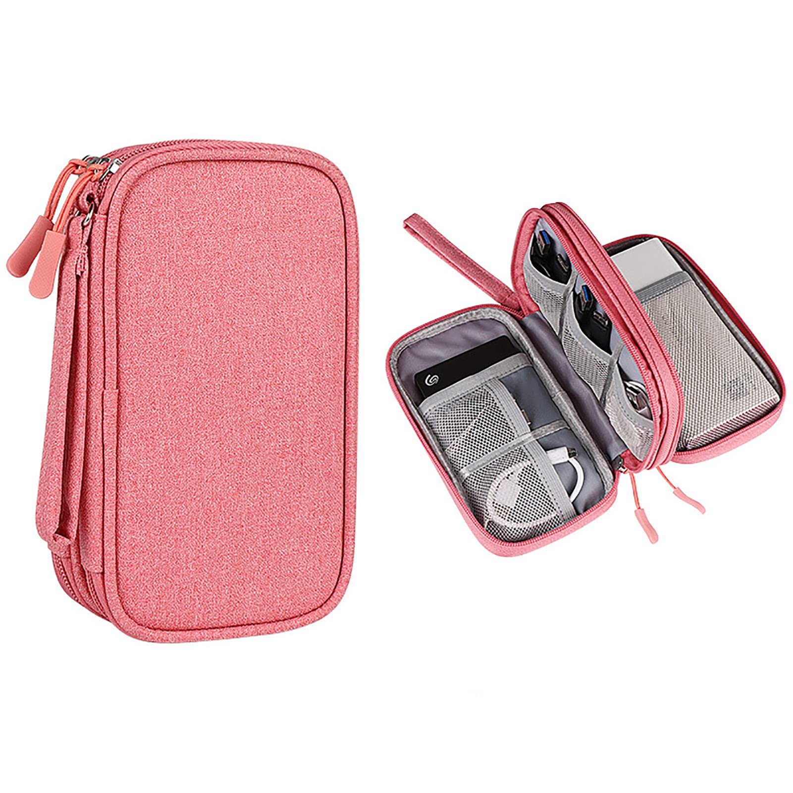 HXZDEY Waterproof Travel Electronic Organizer - Double Layer Cable Storage Bag for Charger, Phone, Earphone & Accessories - Portable Pink Cord Carry Case (7.5x4.35x2.17in) - Perfect for Business Trips, Vacations & Daily Commute