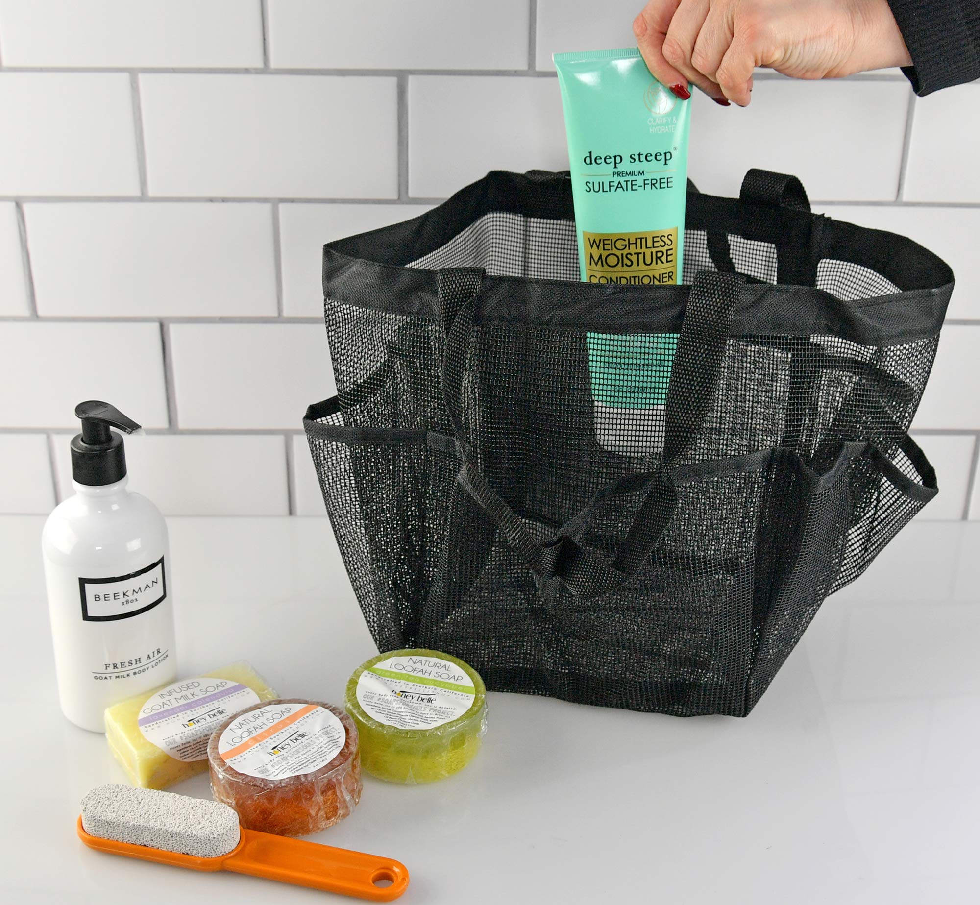 Home-X Mesh Shower Caddy Tote | Portable Bathroom Organizer Bag for Toiletries & Accessories | 14” x 11” Black | Perfect for Travel, Camping & Dorm Showers