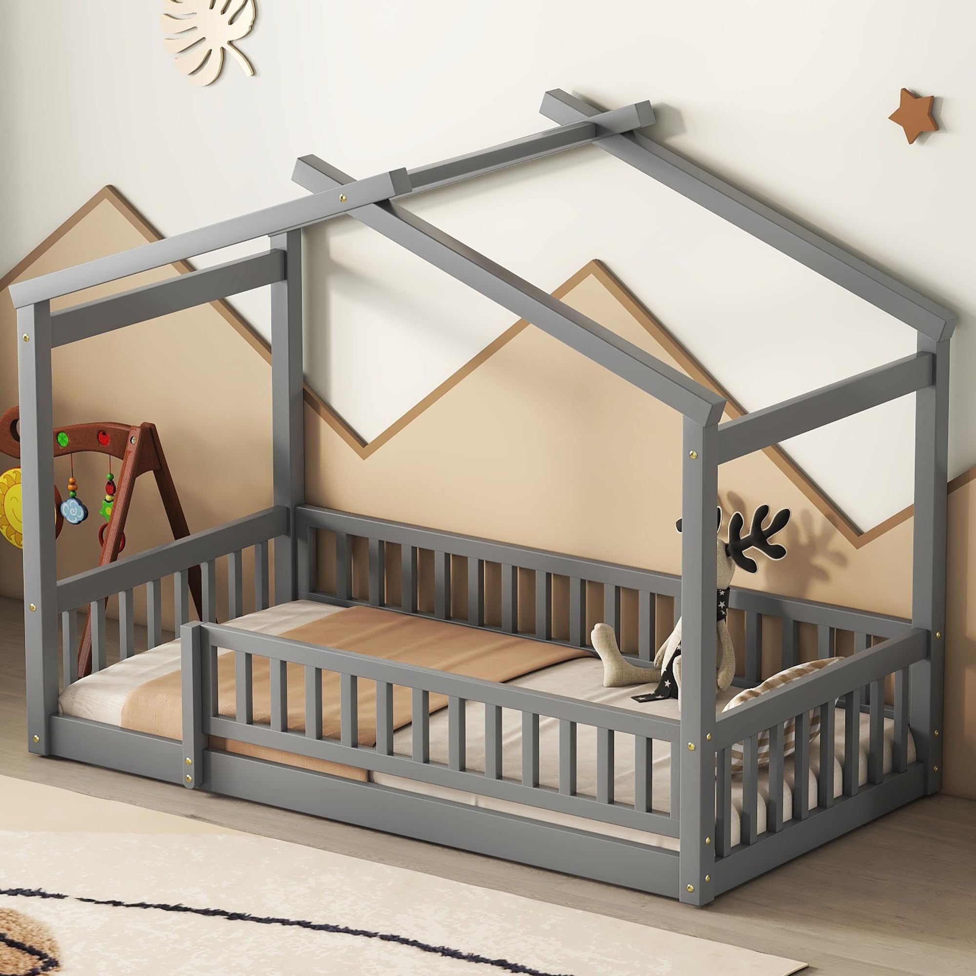 Montessori Twin Size House Bed with Fence Railings - Solid Wood Floor Bed Frame for Kids, Playhouse Bed for Boys & Girls in Gray - Perfect for Bedrooms, Playrooms & Montessori Learning Spaces