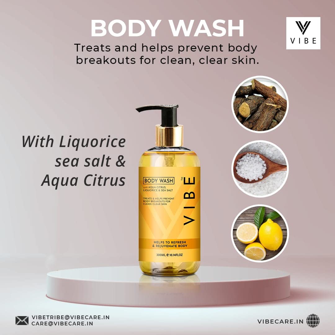 VIBE Aqua Citrus Body Wash & White Tea Fenugreek Hair Oil Combo Pack - 300ml Body Wash + 100ml Hair Oil for Hydrating Skin & Nourishing Hair - Perfect for Daily Shower & Hair Care Routine