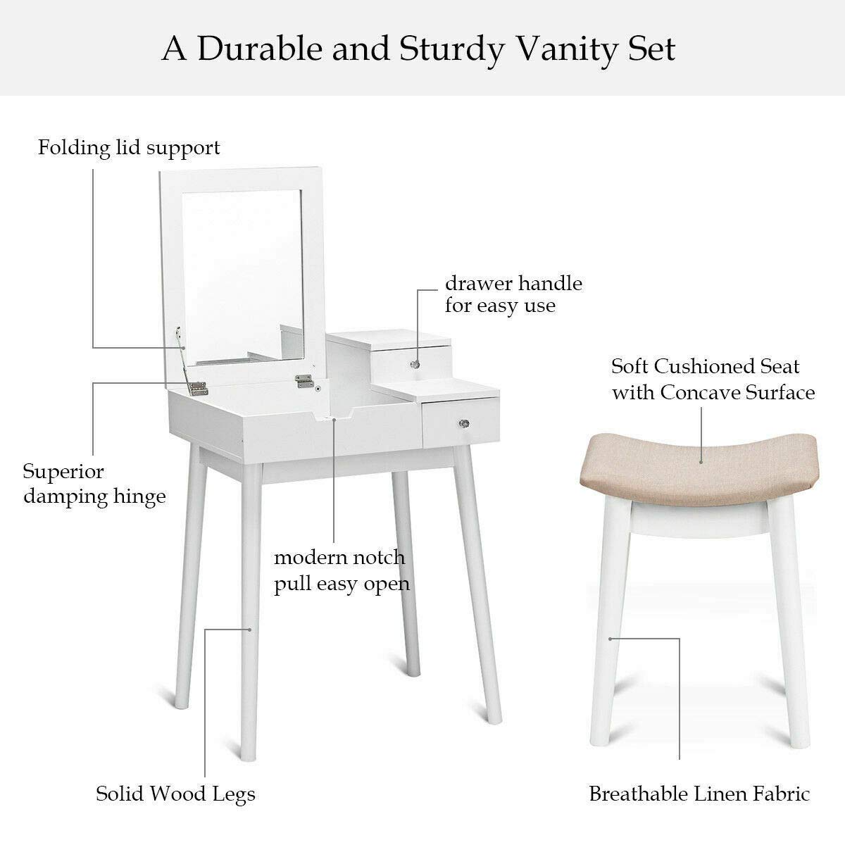 White Wood Vanity Dressing Table Set with Mirror & Bench - Perfect for Bedroom Makeup