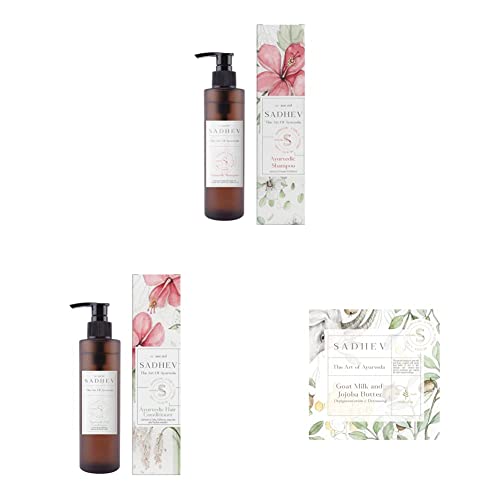 Sadhev Ayurvedic Shampoo & Conditioner Set with Coconut, Hibiscus & Aloe + Depigmentation Goat Milk Bath Bar - Natural Hair Care Combo for Dry, Damaged Hair & Skin Brightening | Perfect for Daily Ayurvedic Hair Routine & Spa Treatment