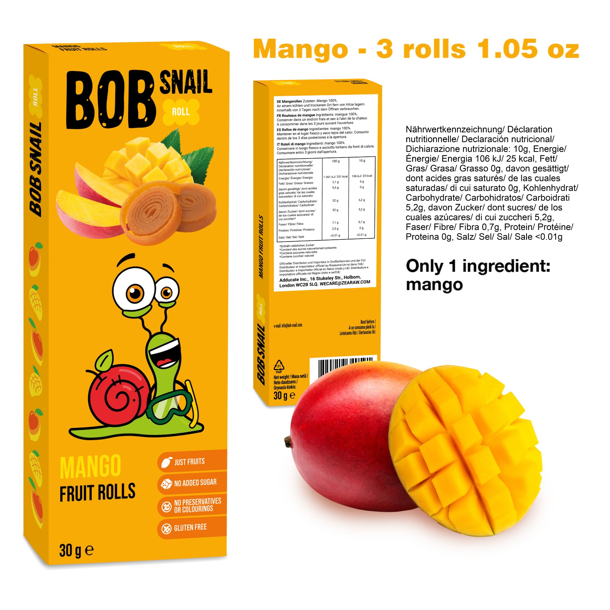 BOB SNAIL Healthy Fruit Snacks Variety Pack - 30 Individually Wrapped Natural Fruit Bars with Mango, Blueberries, Pears & Apple | Gluten-Free, Vegan, Low Carb, No Sugar Added | Perfect for School Lunches, Office Snacks & On-the-Go Nutrition